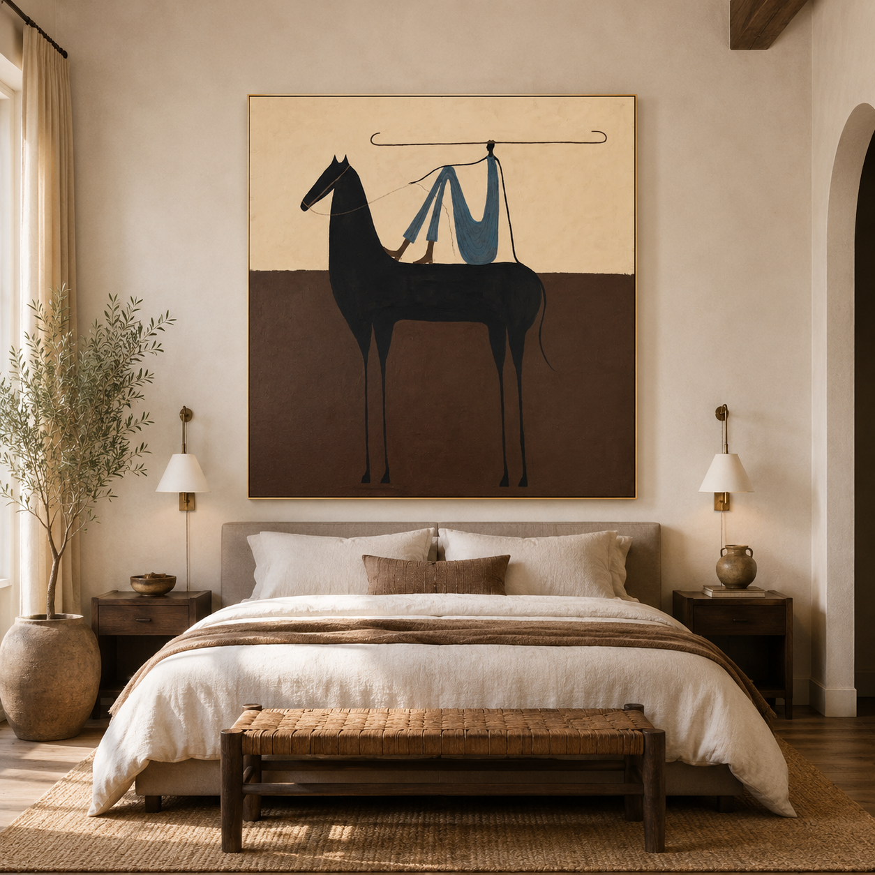 Hand-painted minimalist horse wall art featuring a modern black horse with saddle blanket and lariat rope, textured contemporary equestrian oil painting for luxury and organic modern interiors.