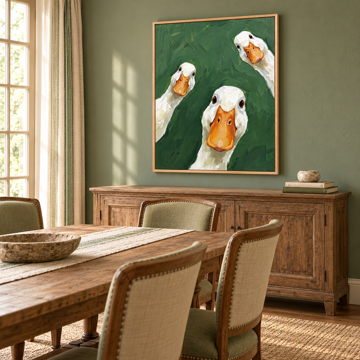 Three close-up white geese with orange bills and dark eyes against a deep green background, arranged at different heights and angles, shown from an angle in a dining room.