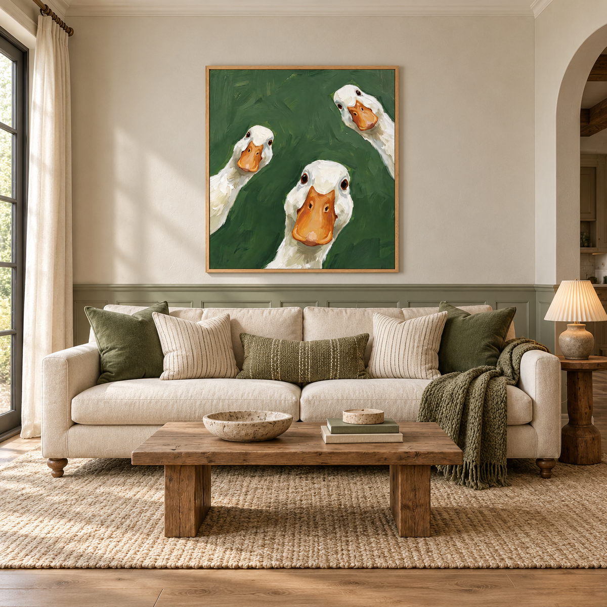 Three close-up white geese with orange bills and dark eyes against a deep green background, arranged at different heights and angles, in a living room.