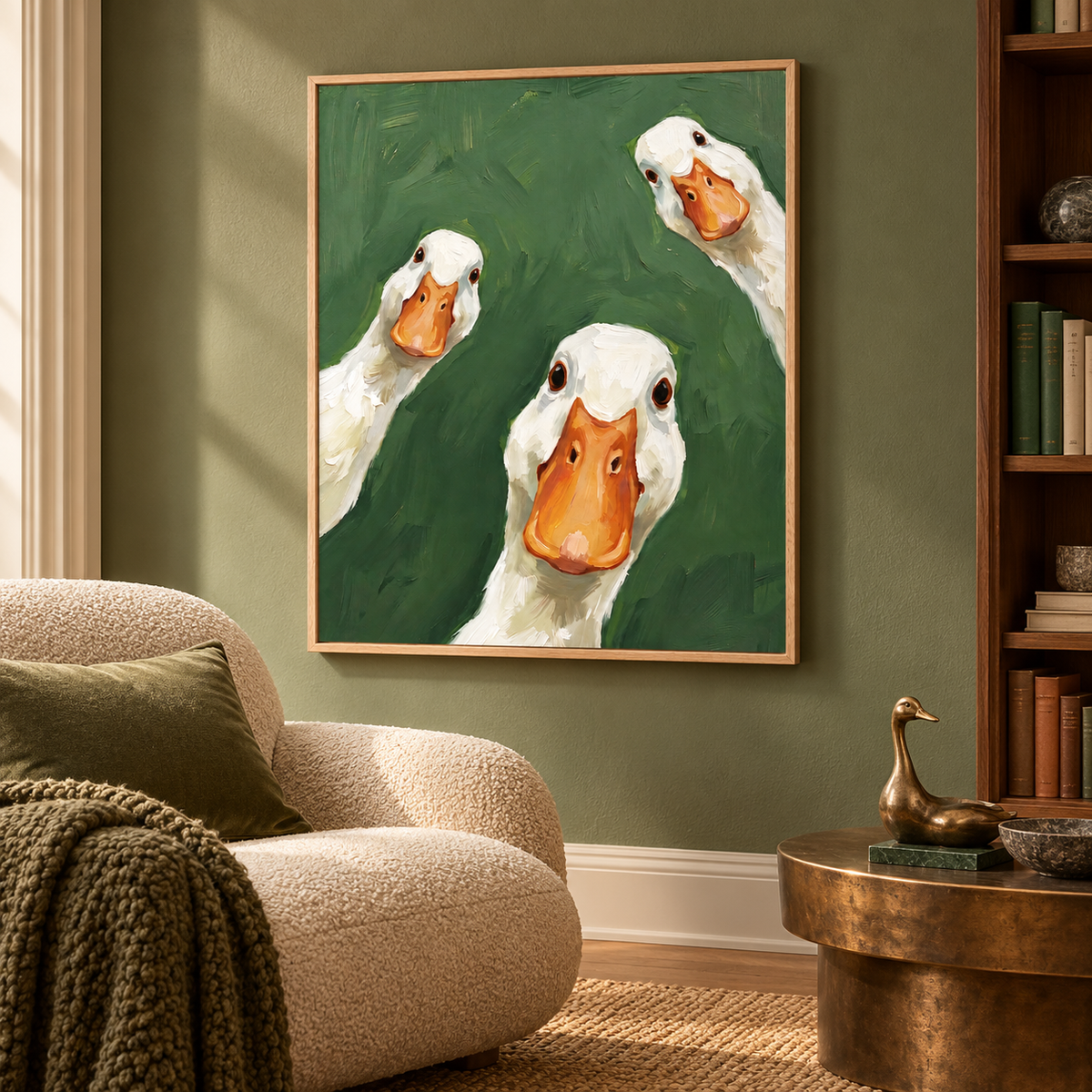 Three close-up white geese with orange bills and dark eyes against a deep green background, arranged at different heights and angles, shown from an angle in a reading corner.