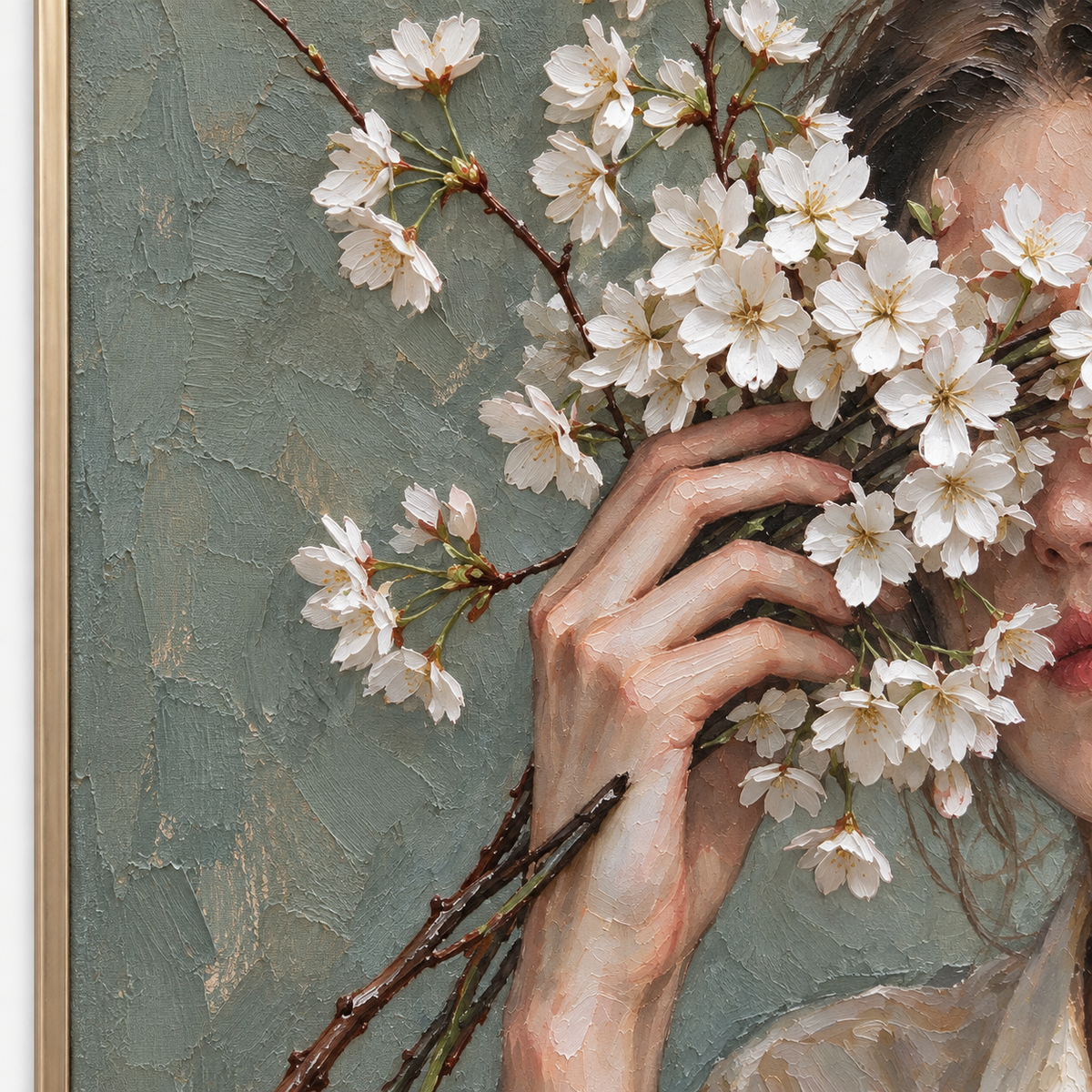 A woman in a white blouse holding pale flowering branches in front of her face against muted green, close-up of the painted composition.