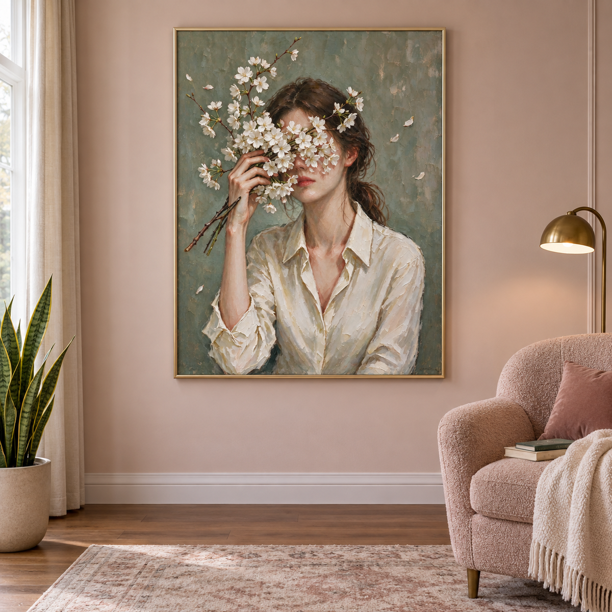 A woman in a white blouse holding pale flowering branches in front of her face against muted green, in a modern dressing corner.