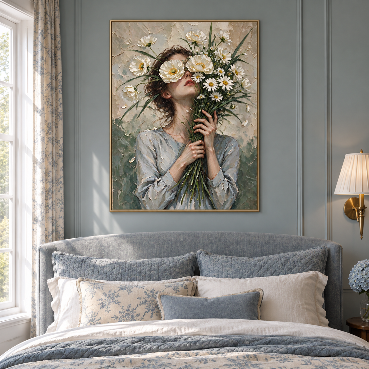 A woman in a gray blouse holding white daisies across her eyes with long green stems gathered in her hands, shown in a classic bedroom.