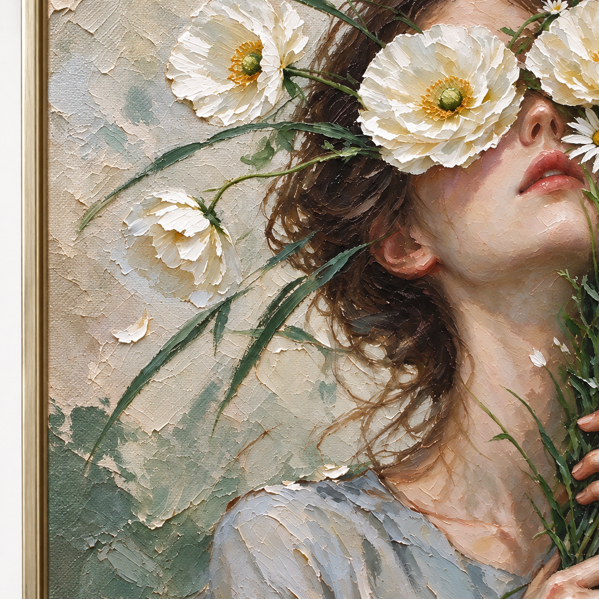 A woman in a gray blouse holding white daisies across her eyes with long green stems gathered in her hands, close-up of the painted details.