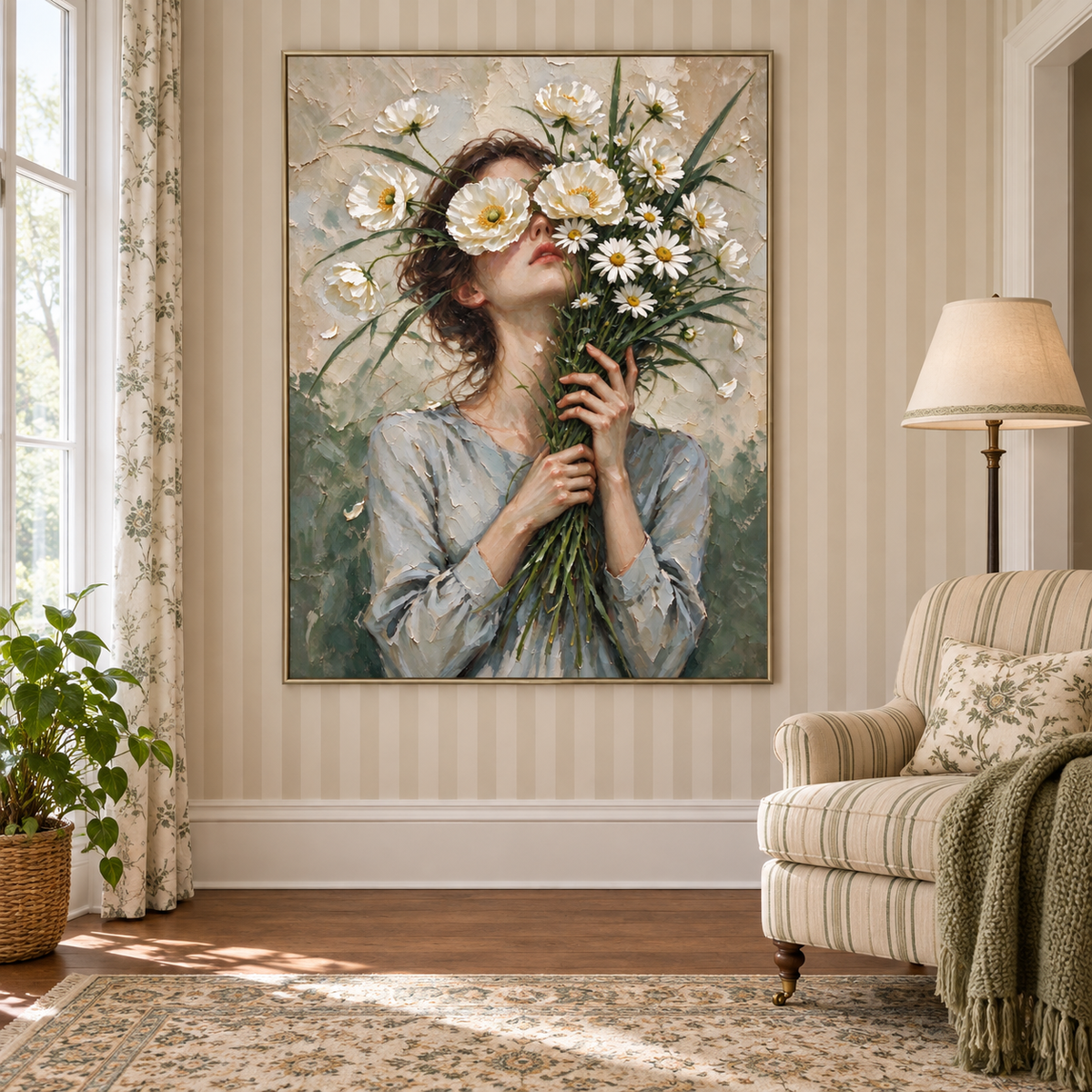 A woman in a gray blouse holding white daisies across her eyes with long green stems gathered in her hands, shown in a reading room.