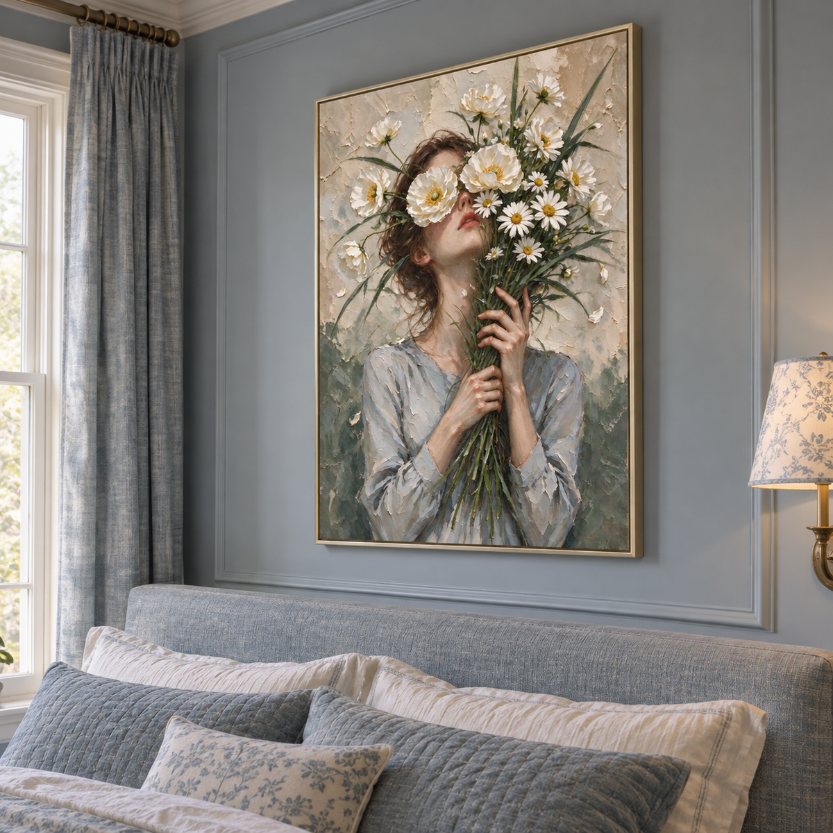 A woman in a gray blouse holding white daisies across her eyes with long green stems gathered in her hands, shown from an angle in the room.
