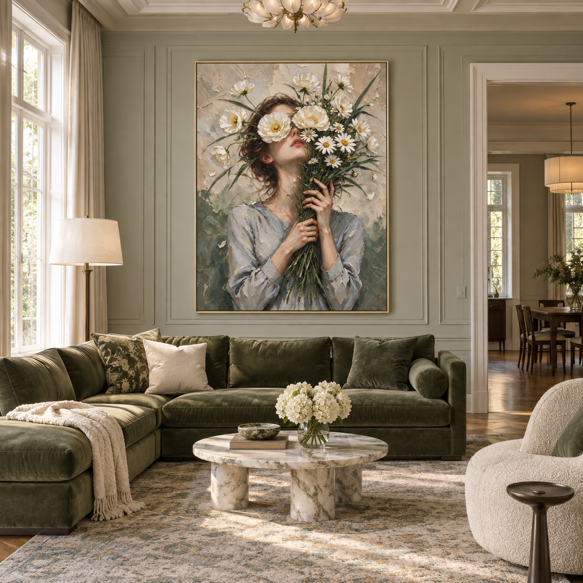 A woman in a gray blouse holding white daisies across her eyes with long green stems gathered in her hands, shown in a traditional living room.