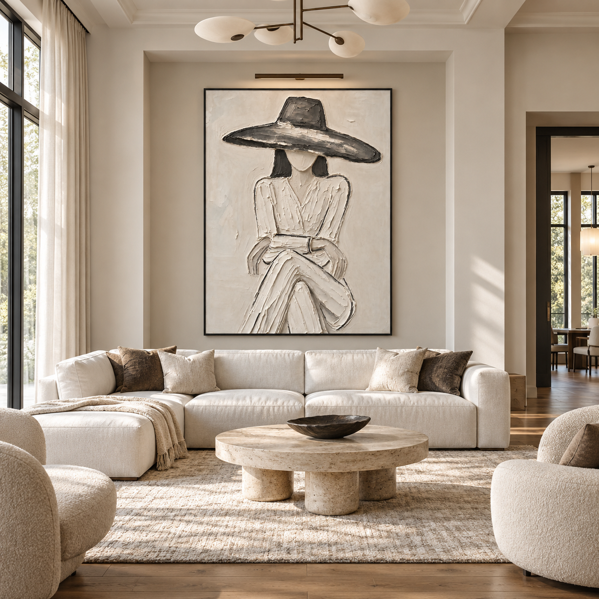 A seated woman in a pale dress and broad charcoal hat with folded hands against an off-white background, shown in a classic living room.