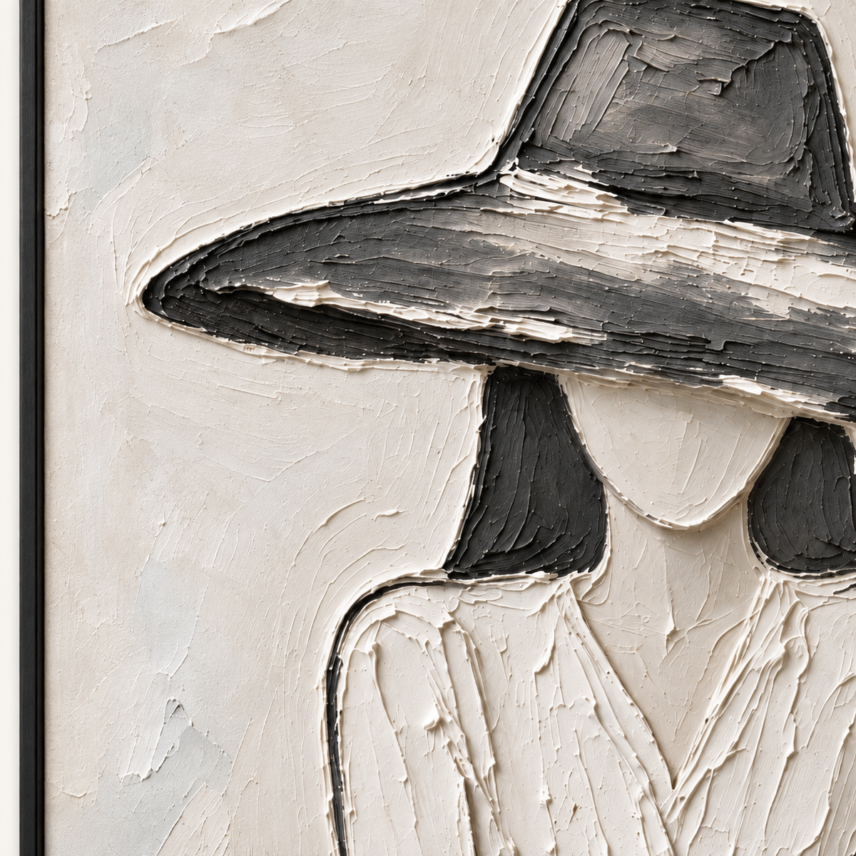 A seated woman in a pale dress and broad charcoal hat with folded hands against an off-white background, close-up of the painted details.
