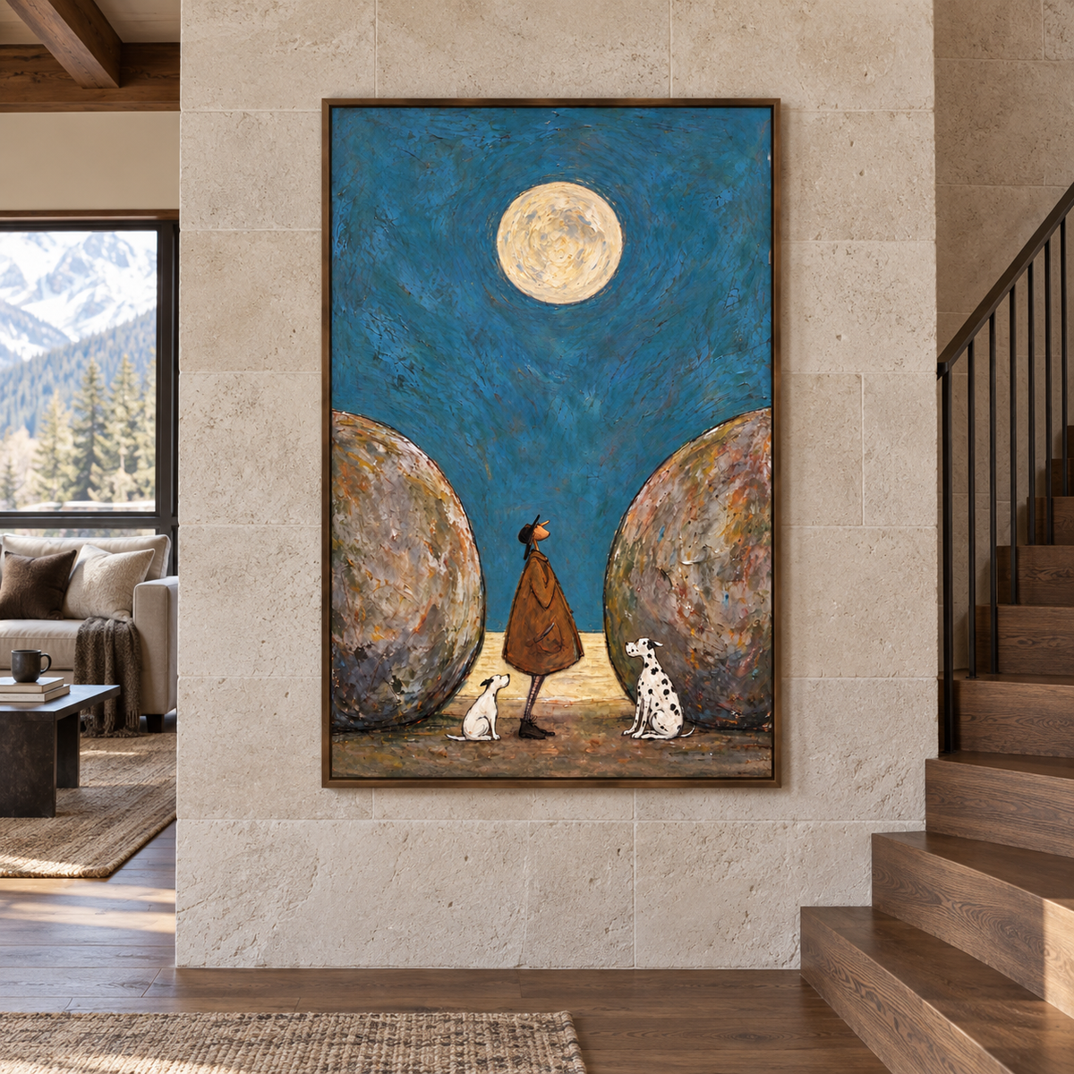 A man in a brown coat standing with a small white dog and a Dalmatian between two rounded boulders under a full moon in a deep blue sky, shown in room setting 1.