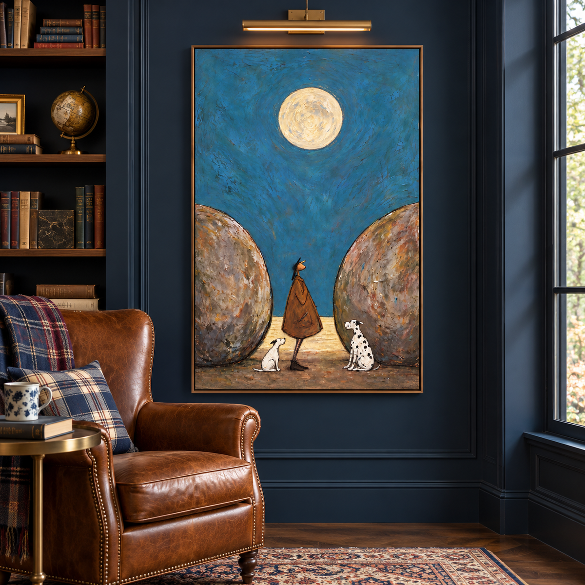 A man in a brown coat standing with a small white dog and a Dalmatian between two rounded boulders under a full moon in a deep blue sky, shown in room setting 2.