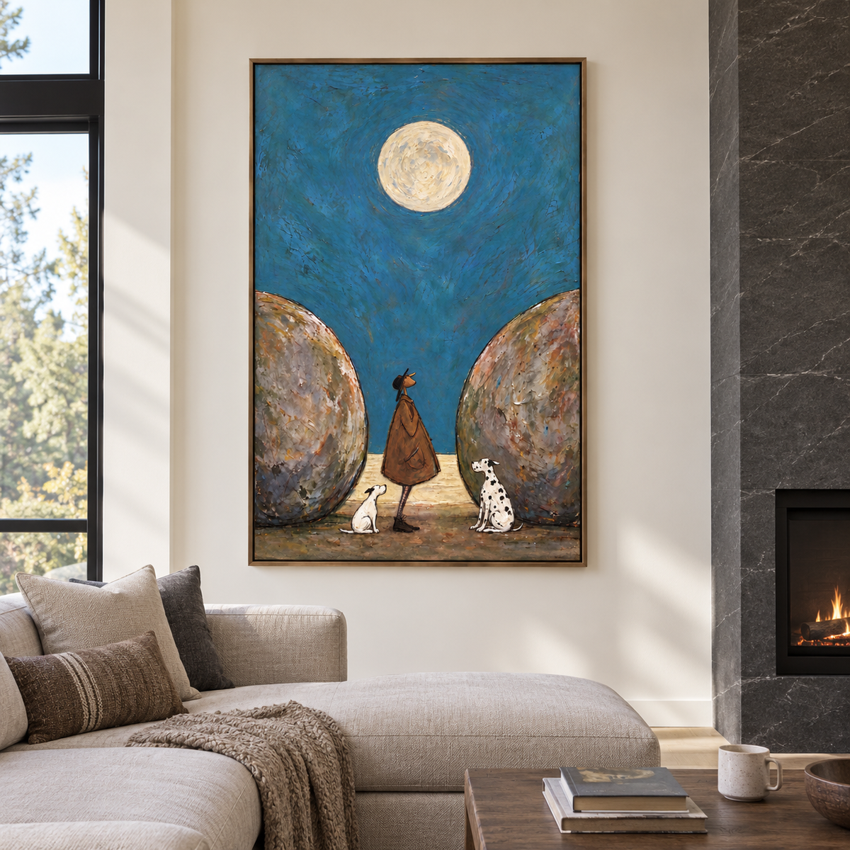 A man in a brown coat standing with a small white dog and a Dalmatian between two rounded boulders under a full moon in a deep blue sky, shown in room setting 3.