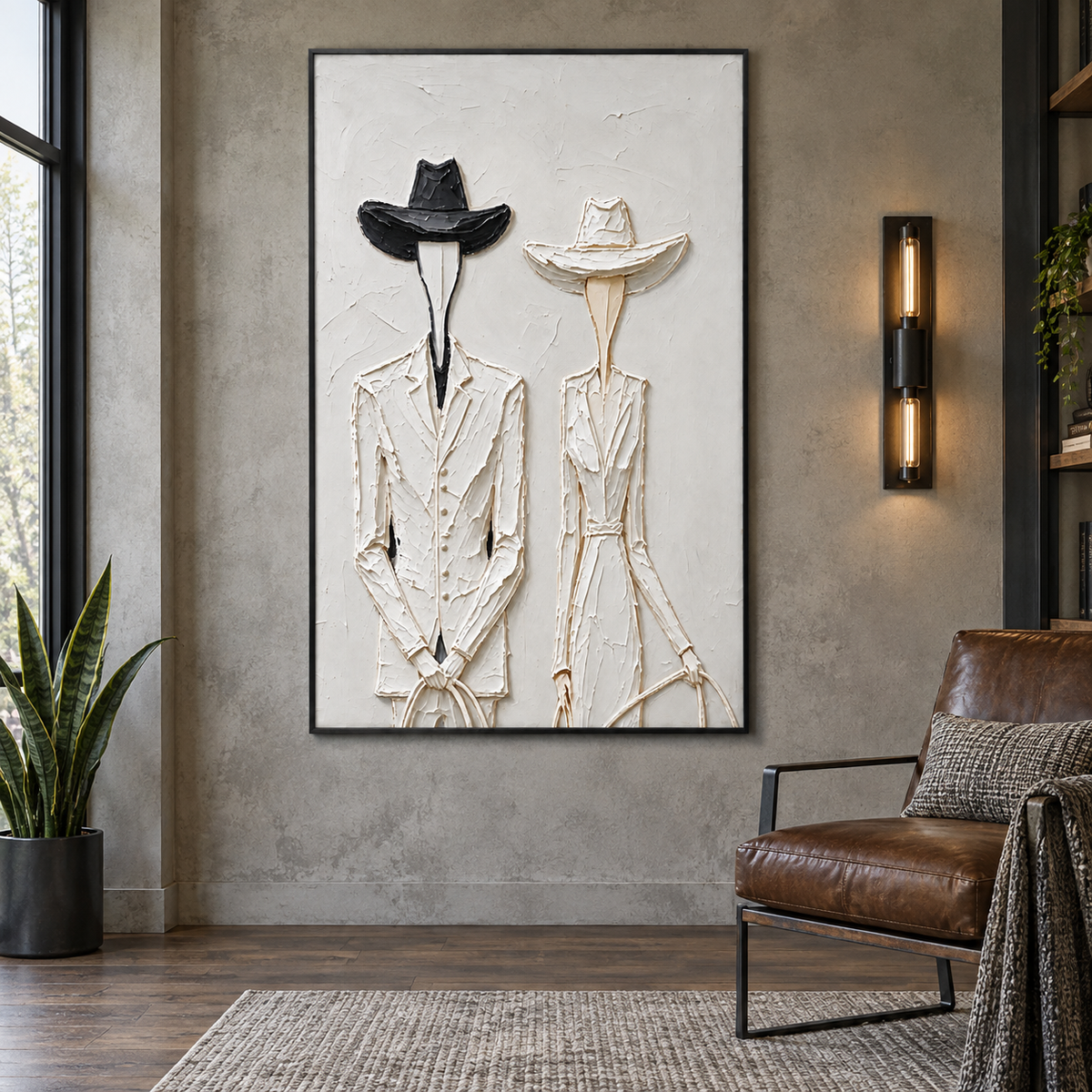 Two slender faceless Western figures in pale clothing, one with a black hat and one with a white hat, shown in a industrial study.