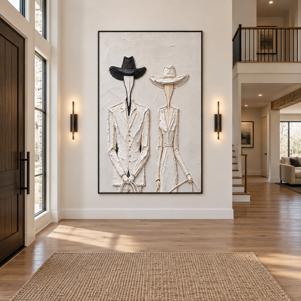 Two slender faceless Western figures in pale clothing, one with a black hat and one with a white hat, shown in a modern ranch entryway.