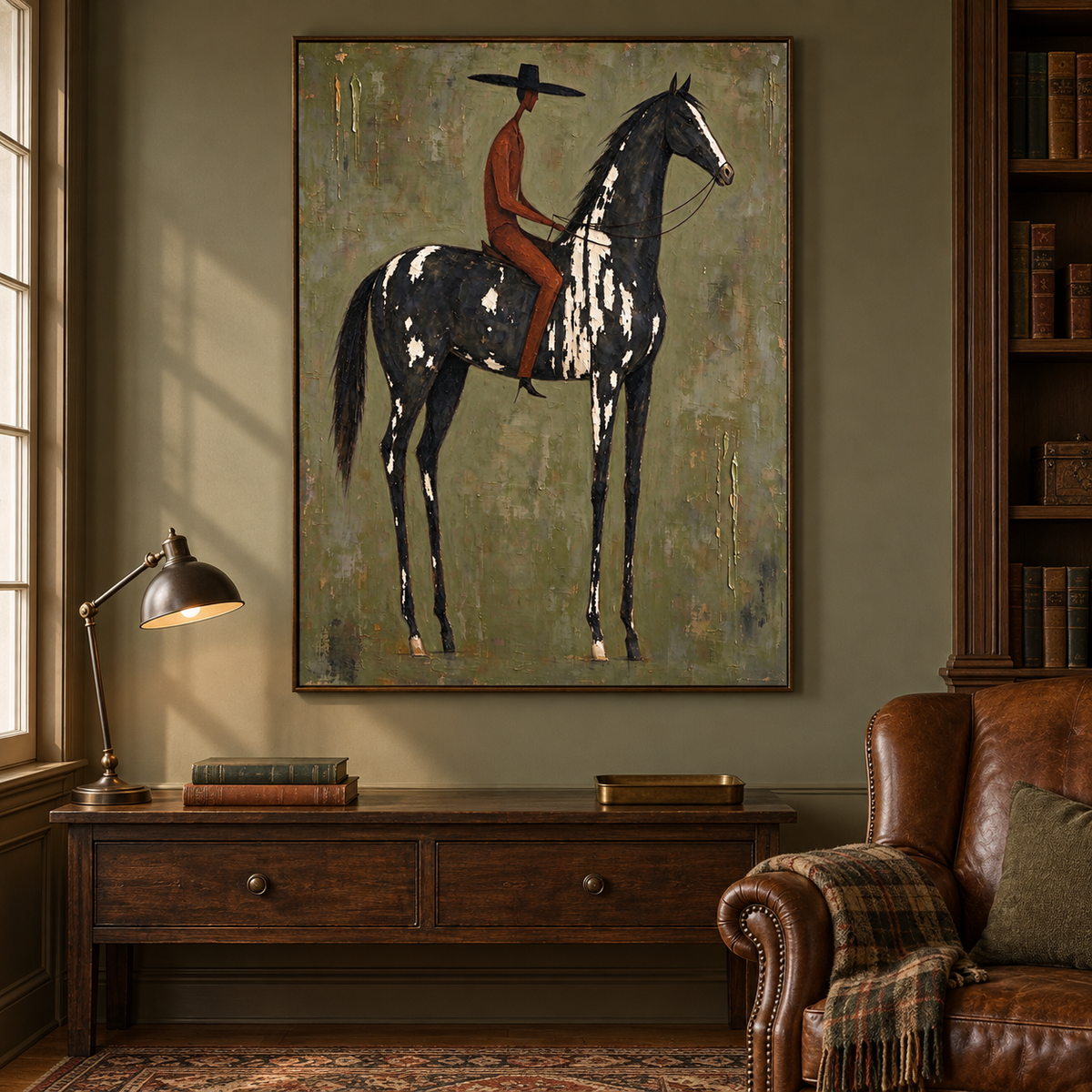 A rusty red rider in a black hat on a black and white horse against a gray-green background with gold accents, in a country-style study.