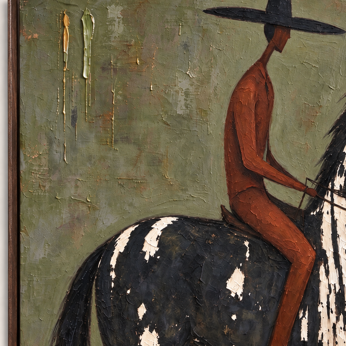 A rusty red rider in a black hat on a black and white horse against a gray-green background with gold accents, close-up detail.