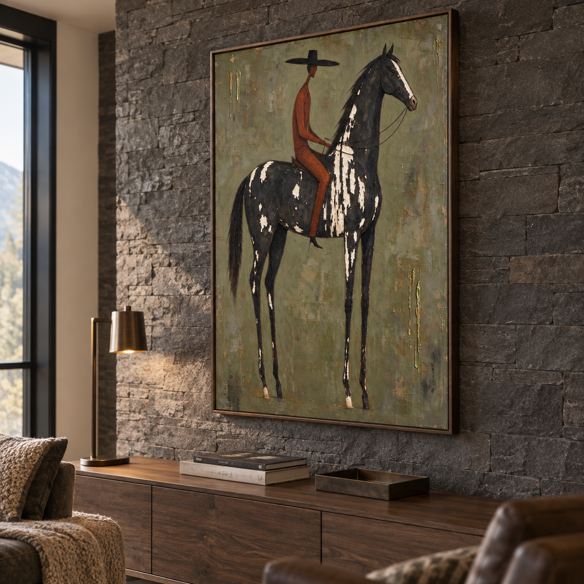 A rusty red rider in a black hat on a black and white horse against a gray-green background with gold accents, shown from an angle in a living room.