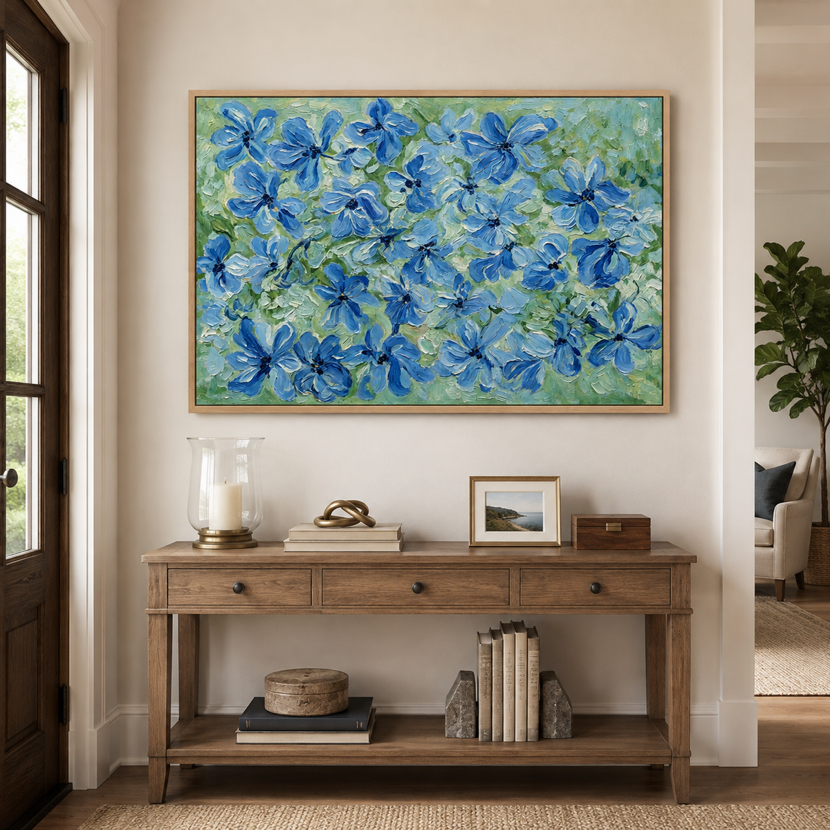 Blue flowers with dark centers scattered across pale green and mint brushwork, in an entryway.
