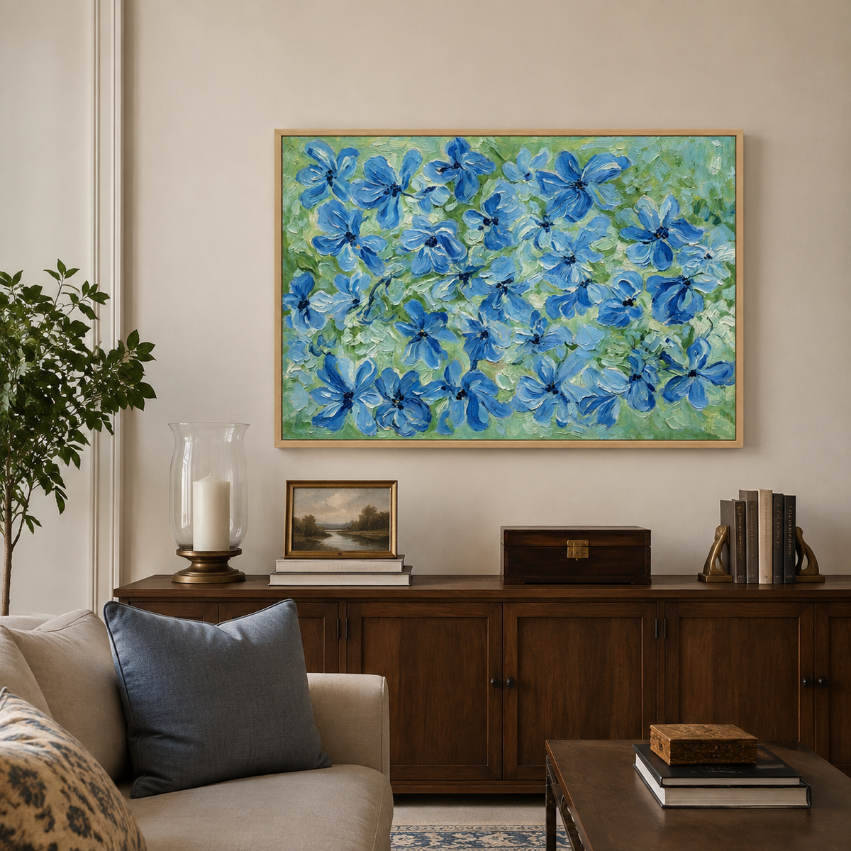 Blue flowers with dark centers scattered across pale green and mint brushwork, in a living room.