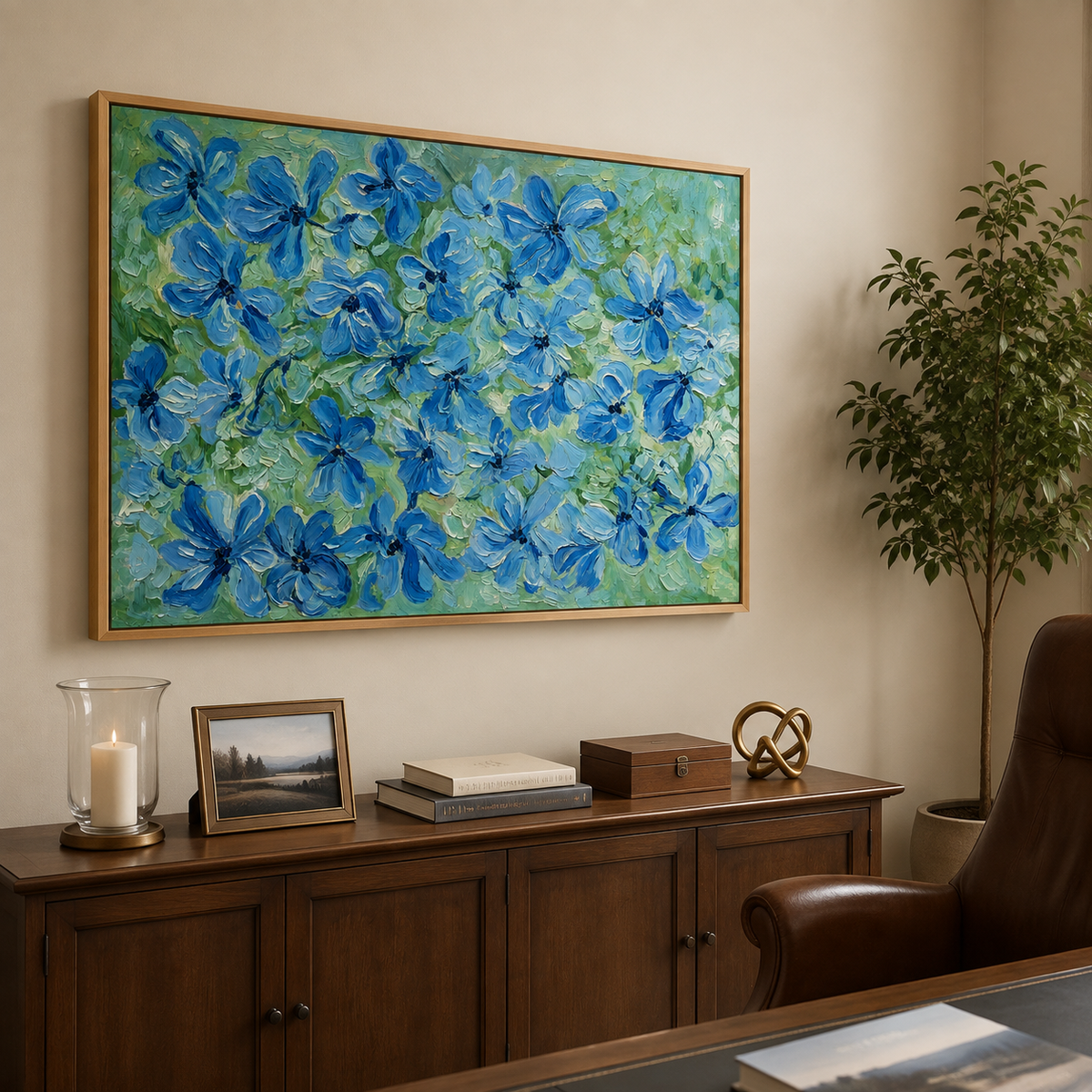 Blue flowers with dark centers scattered across pale green and mint brushwork, shown from an angle in a study.