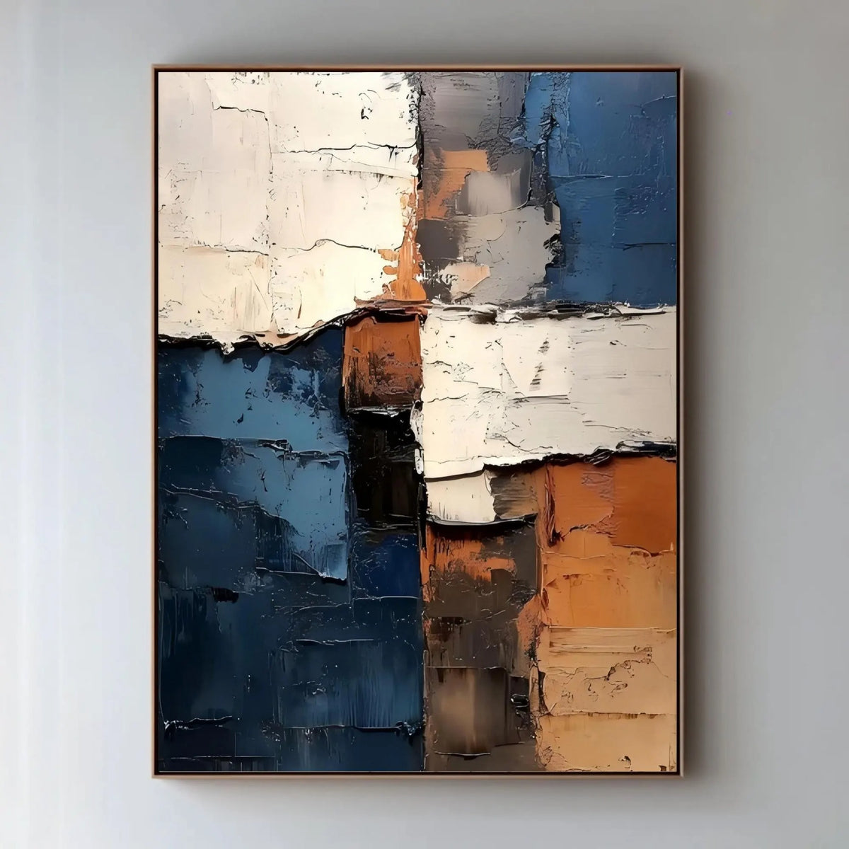 Rough-edged blocks of deep blue, ivory and rust orange in a vertical abstract composition, shown in room setting 8.