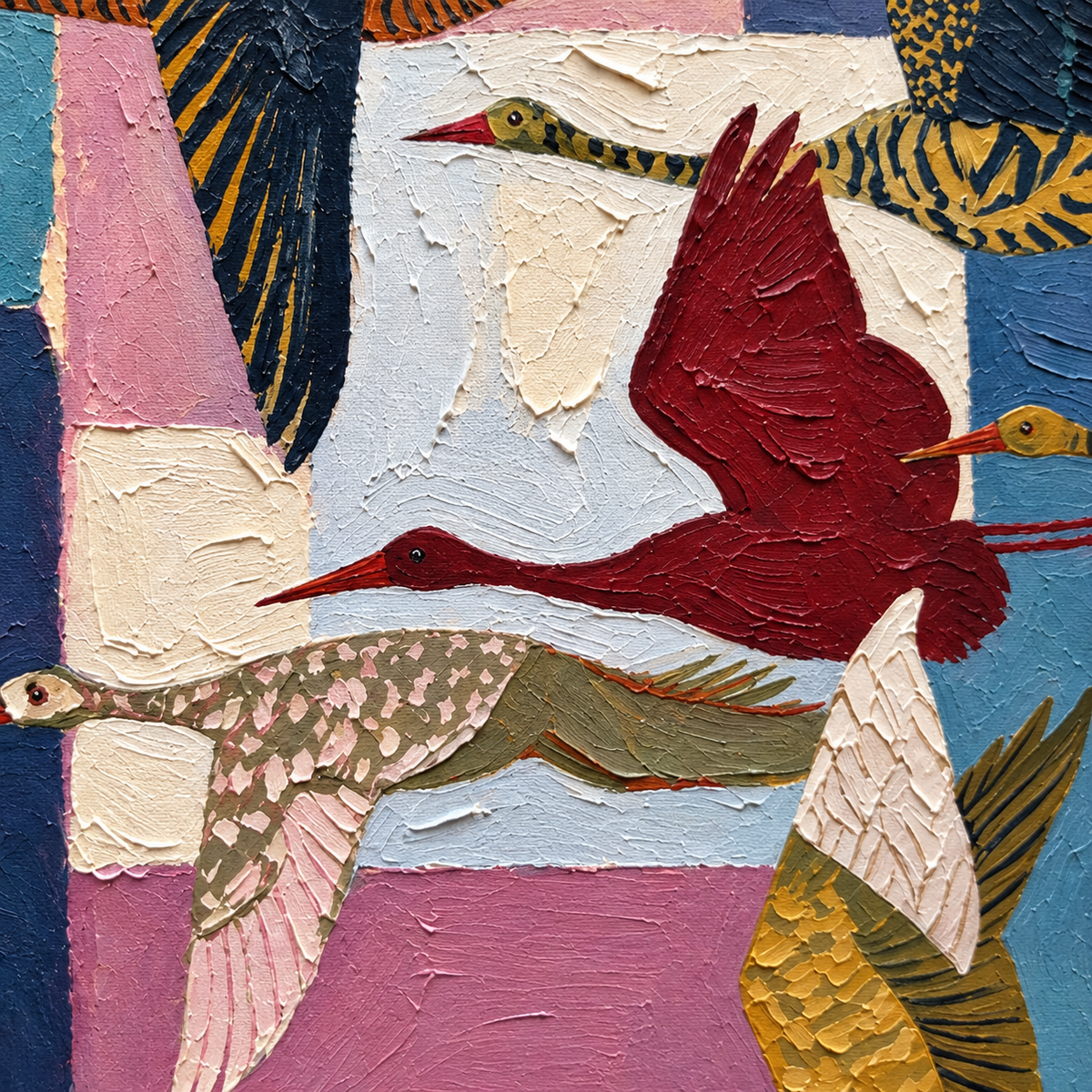 Colorfully patterned flying birds against deep blue, teal, pink, and cream blocks, close-up of the red and patterned birds.