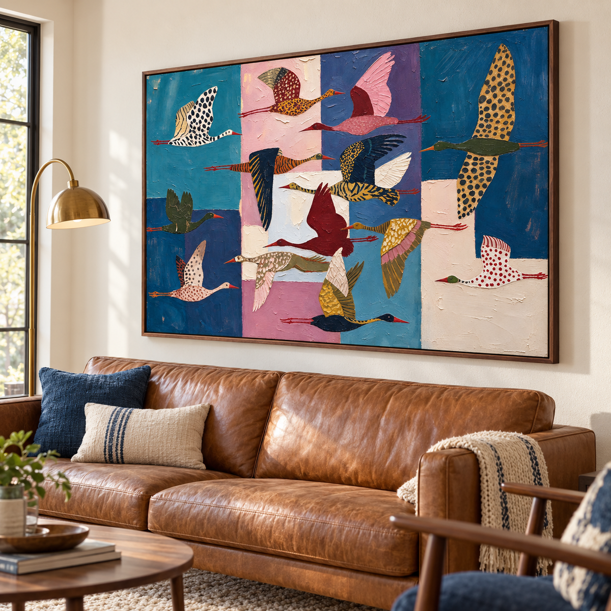 Colorfully patterned flying birds against deep blue, teal, pink, and cream blocks, shown from an angle in a living room.