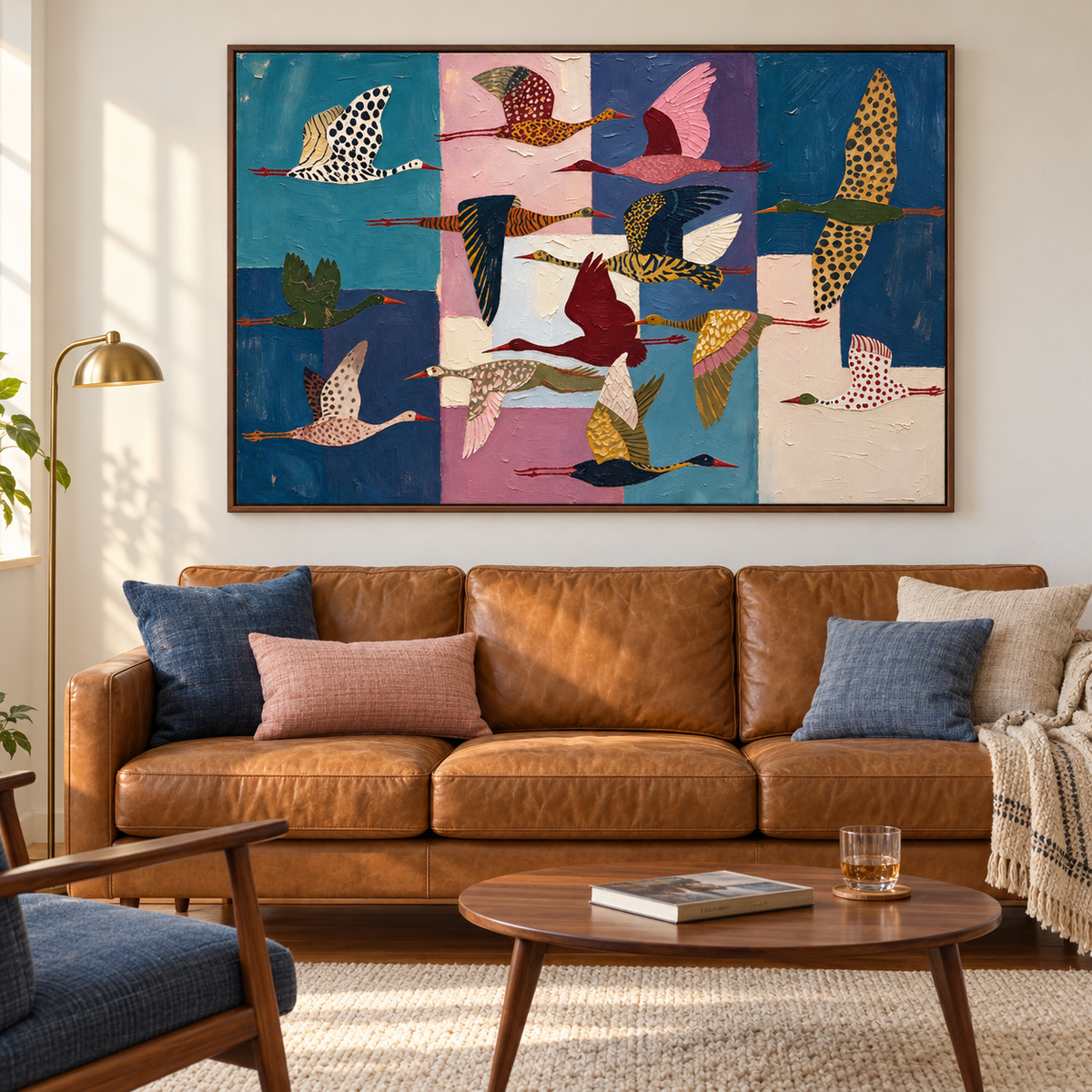 Colorfully patterned flying birds against deep blue, teal, pink, and cream blocks, in a midcentury living room.