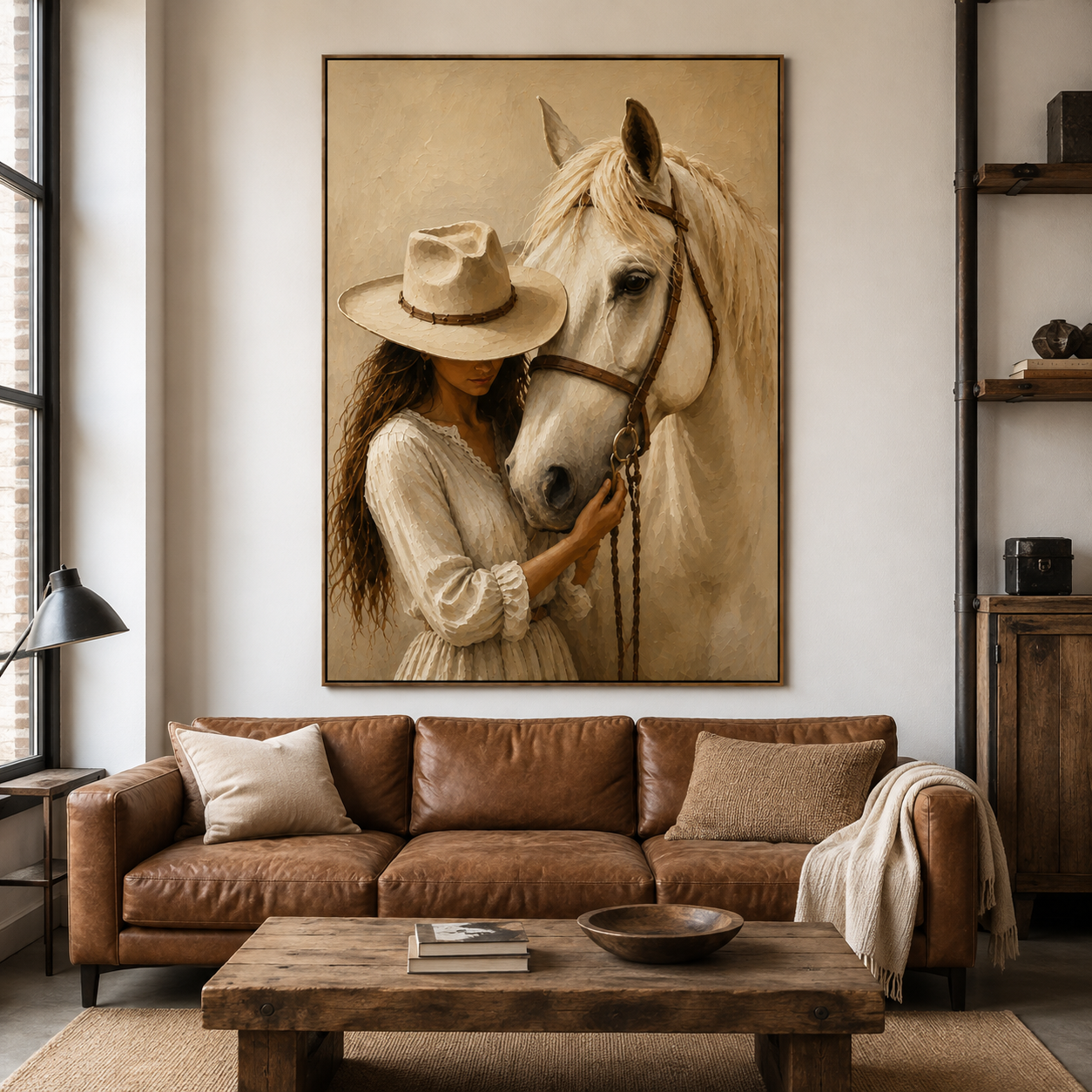 Textured cowgirl and white horse painting in warm cream and brown tones