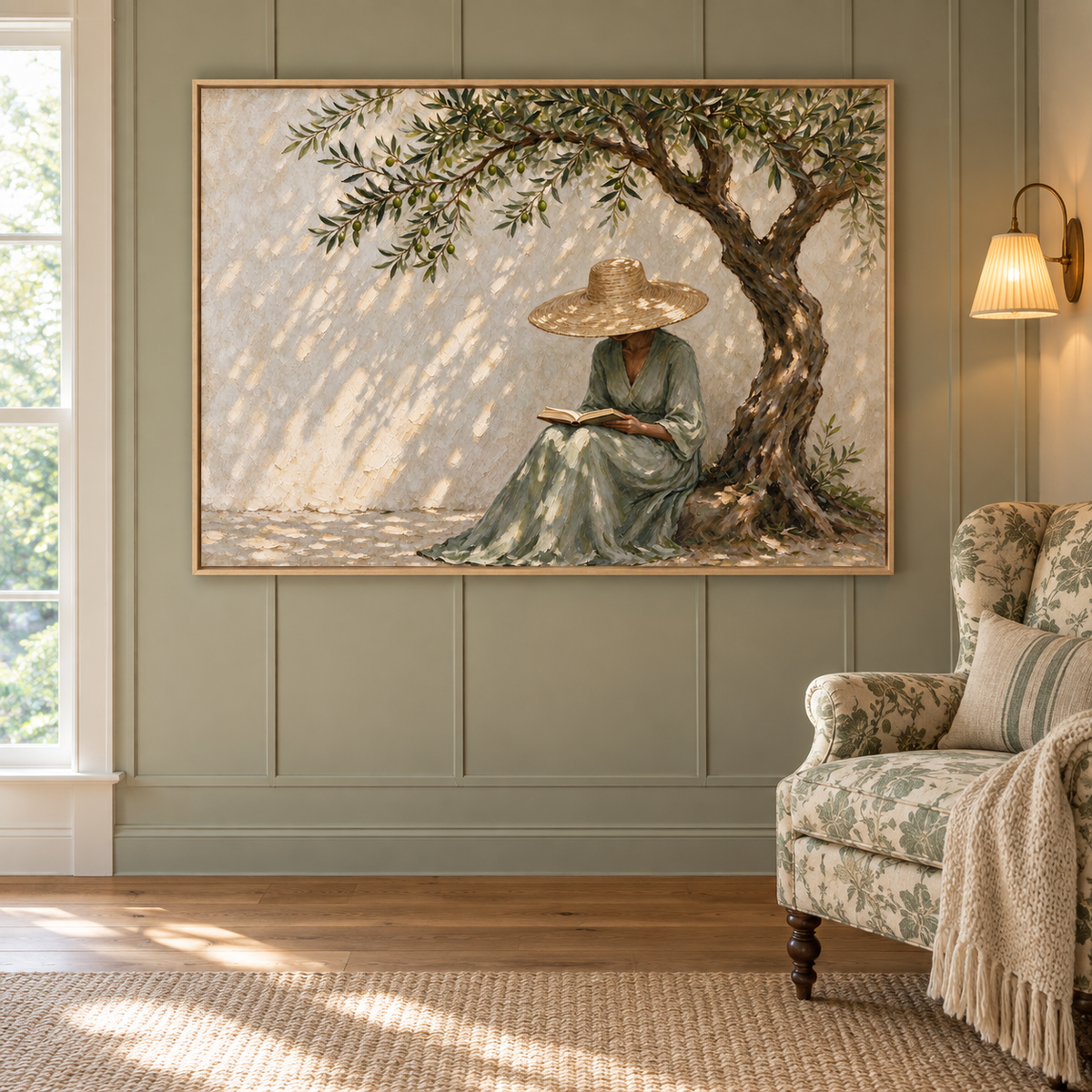 A woman in a green dress and straw hat reading an open book beneath a tree on the right of a sunlit cream wall, shown in a reading corner.