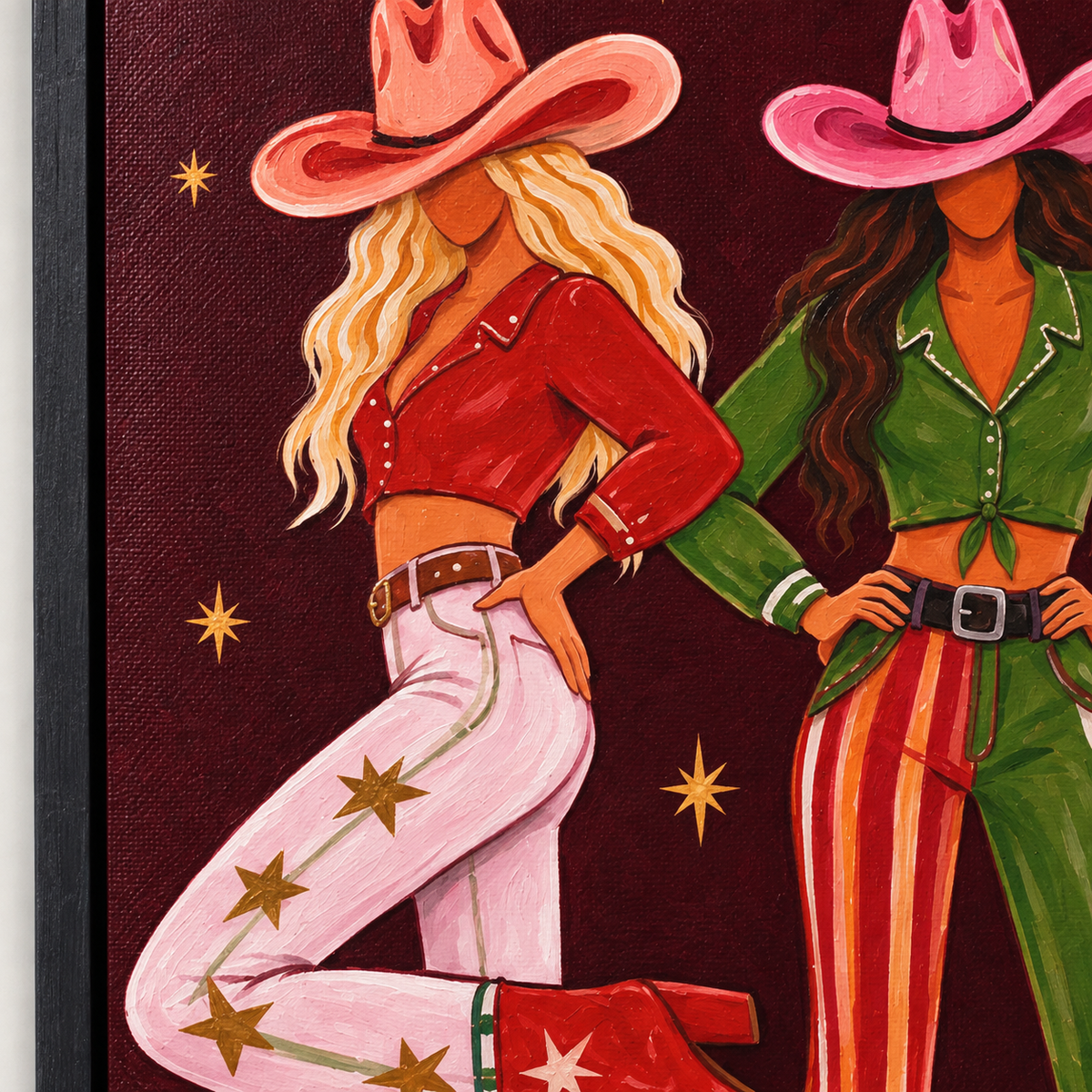 Four cowgirls in patterned outfits beneath stars and a crescent moon on a burgundy background, close-up of the painted composition.
