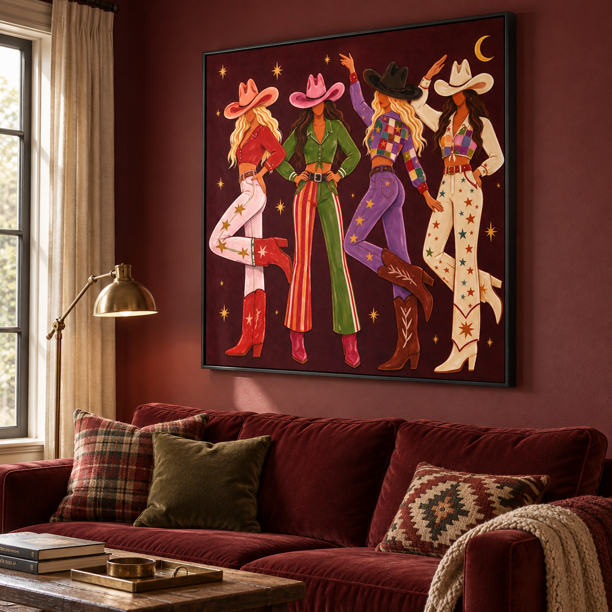 Four cowgirls in patterned outfits beneath stars and a crescent moon on a burgundy background, shown from an angle in the room.