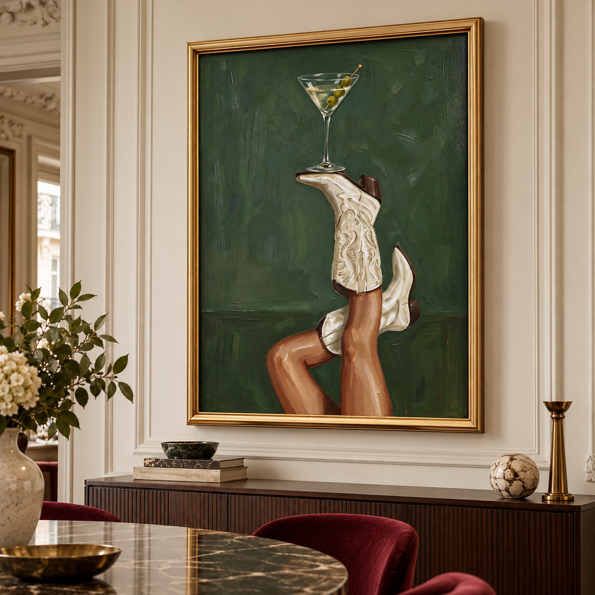 Two raised legs wearing white cowboy boots with decorative scroll patterns, one boot balancing a martini glass with olives against a dark green background, shown in room setting 4.