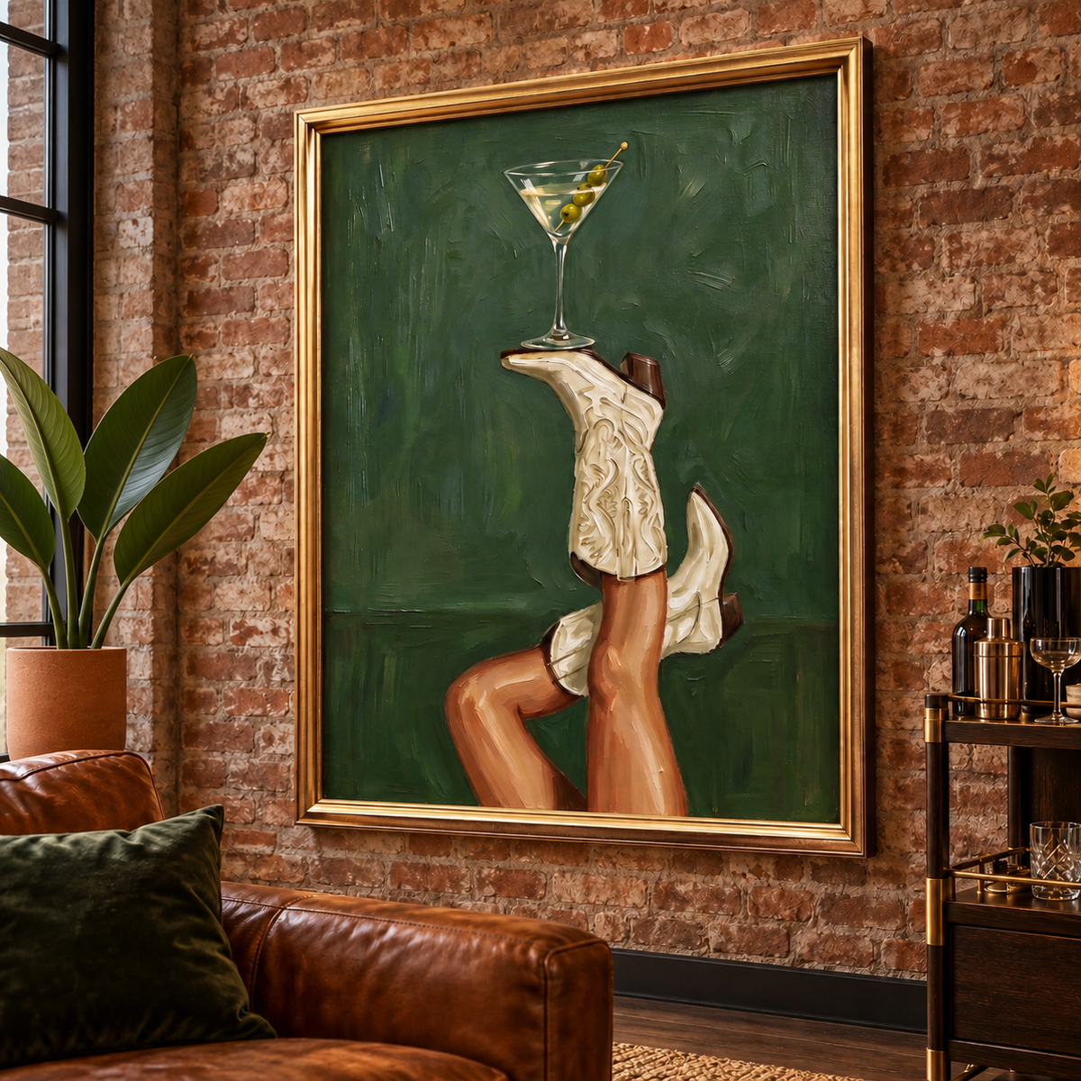 Two raised legs wearing white cowboy boots with decorative scroll patterns, one boot balancing a martini glass with olives against a dark green background, shown in room setting 5.