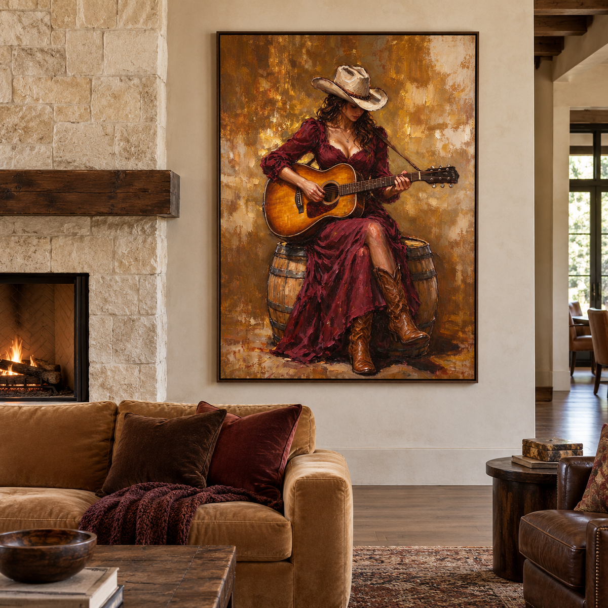 A cowgirl in a burgundy dress, tan cowboy hat and brown boots playing an amber acoustic guitar while seated on a wooden barrel against a warm ochre background, shown in room setting 3.