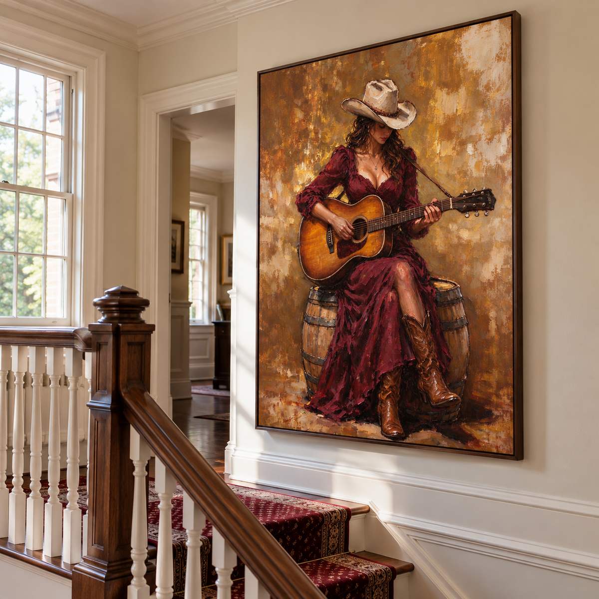 A cowgirl in a burgundy dress, tan cowboy hat and brown boots playing an amber acoustic guitar while seated on a wooden barrel against a warm ochre background, shown in room setting 4.