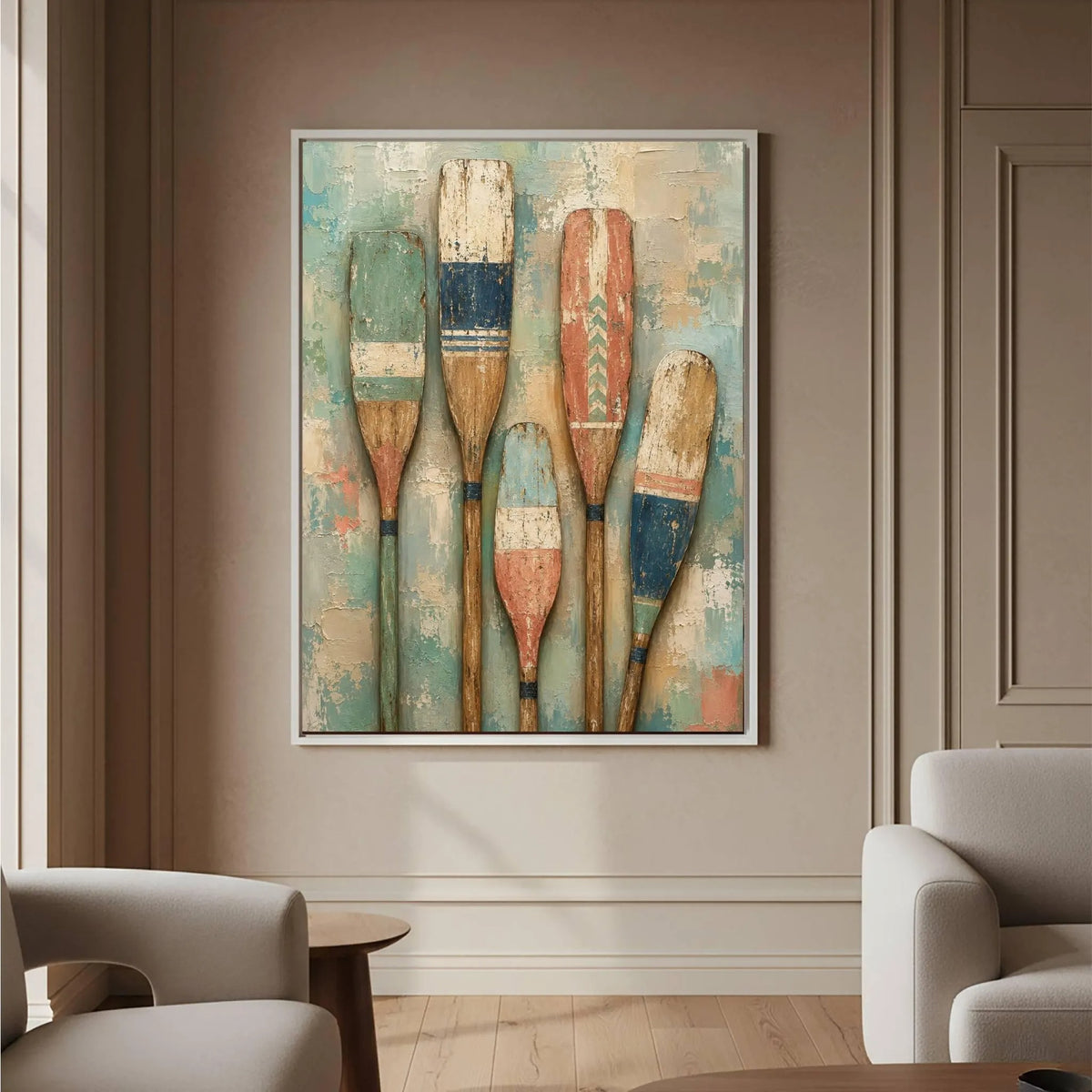Five upright wooden paddles painted in faded teal, blue, cream and rust against a mottled pale teal background, shown in room setting 2.