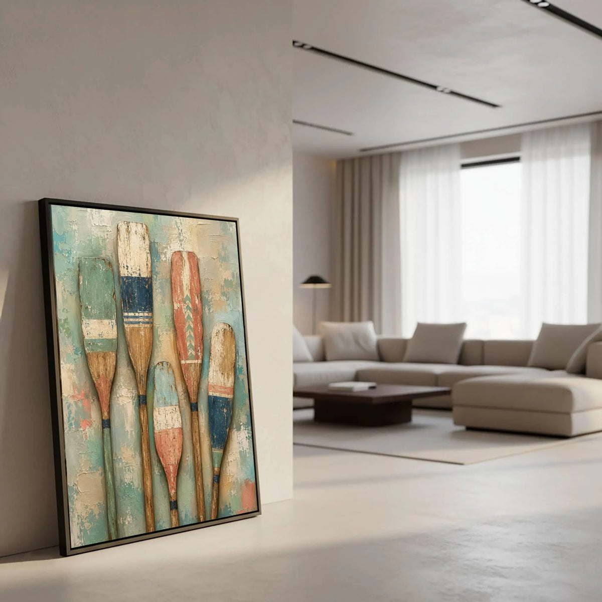 Five upright wooden paddles painted in faded teal, blue, cream and rust against a mottled pale teal background, shown in room setting 3.
