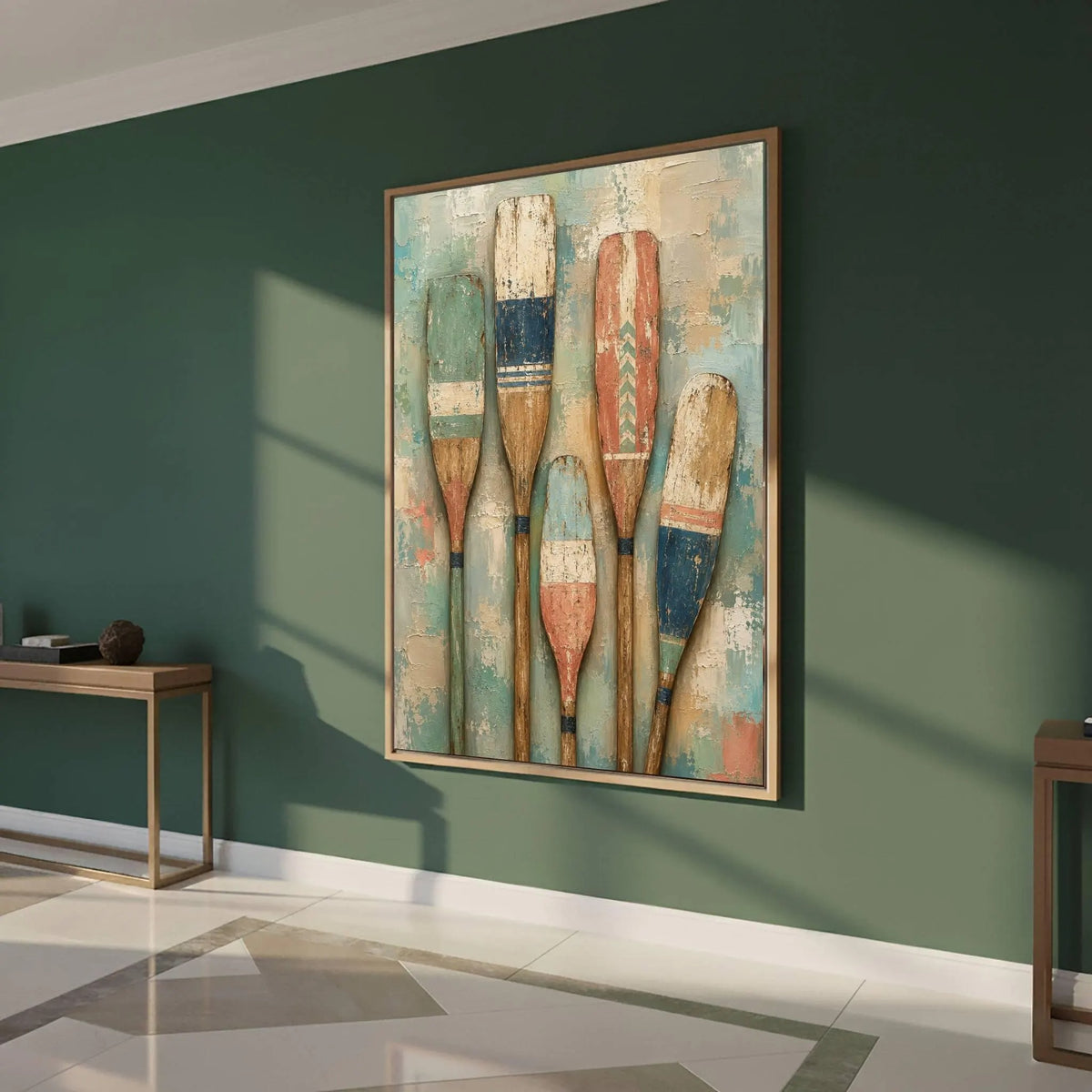 Five upright wooden paddles painted in faded teal, blue, cream and rust against a mottled pale teal background, shown in room setting 4.