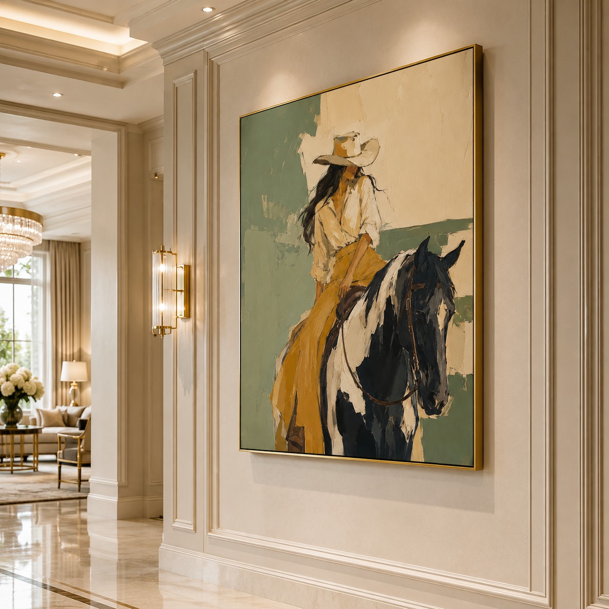 Quiet Horizon | Hand-Painted Cowgirl on Horse Wall Art | Modern Western Equestrian Oil Painting