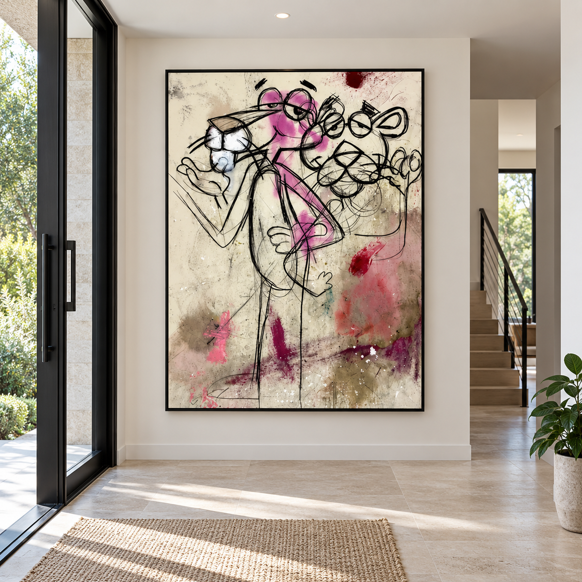 Overlapping Pink Panther cartoon figures drawn with looping black lines and pink color on a distressed beige background with red and white splashes, shown in room setting 2.