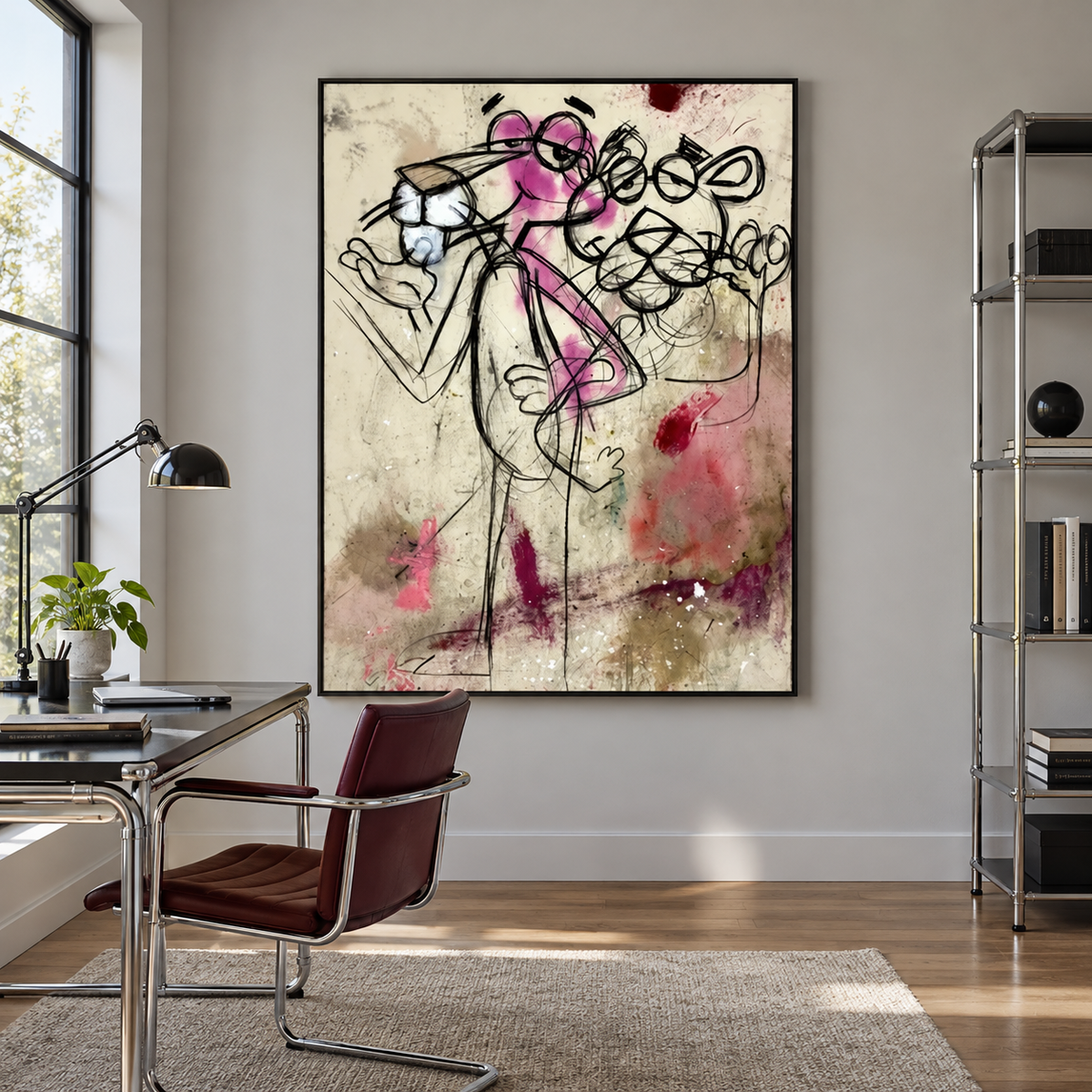 Overlapping Pink Panther cartoon figures drawn with looping black lines and pink color on a distressed beige background with red and white splashes, shown in room setting 3.