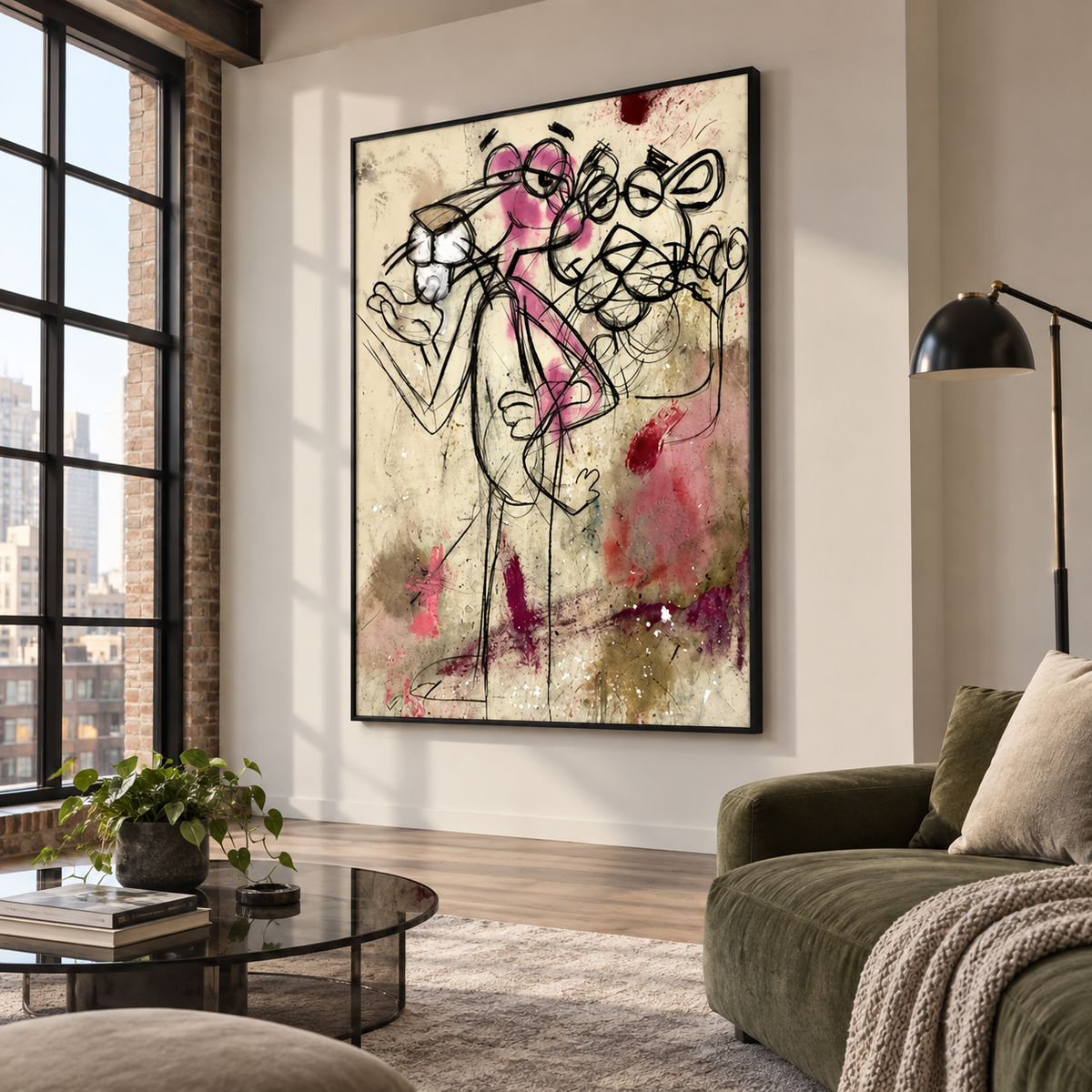 Overlapping Pink Panther cartoon figures drawn with looping black lines and pink color on a distressed beige background with red and white splashes, shown in room setting 5.
