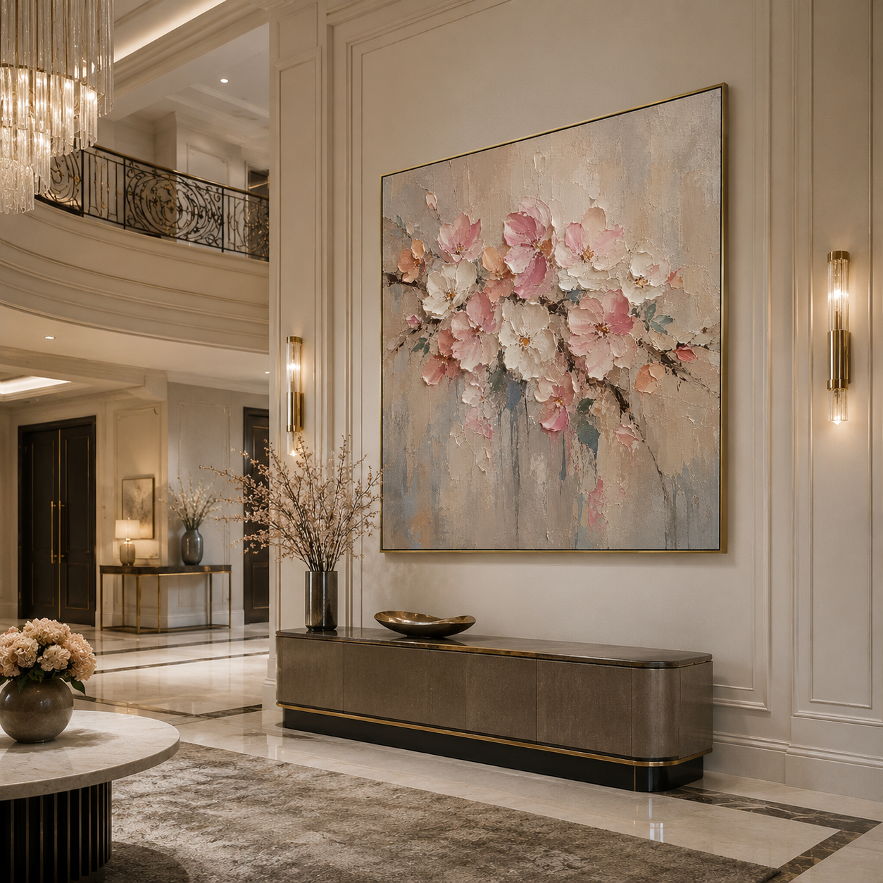 Blush Bloom Serenity – Hand-Painted Cherry Blossom Floral Oil Painting