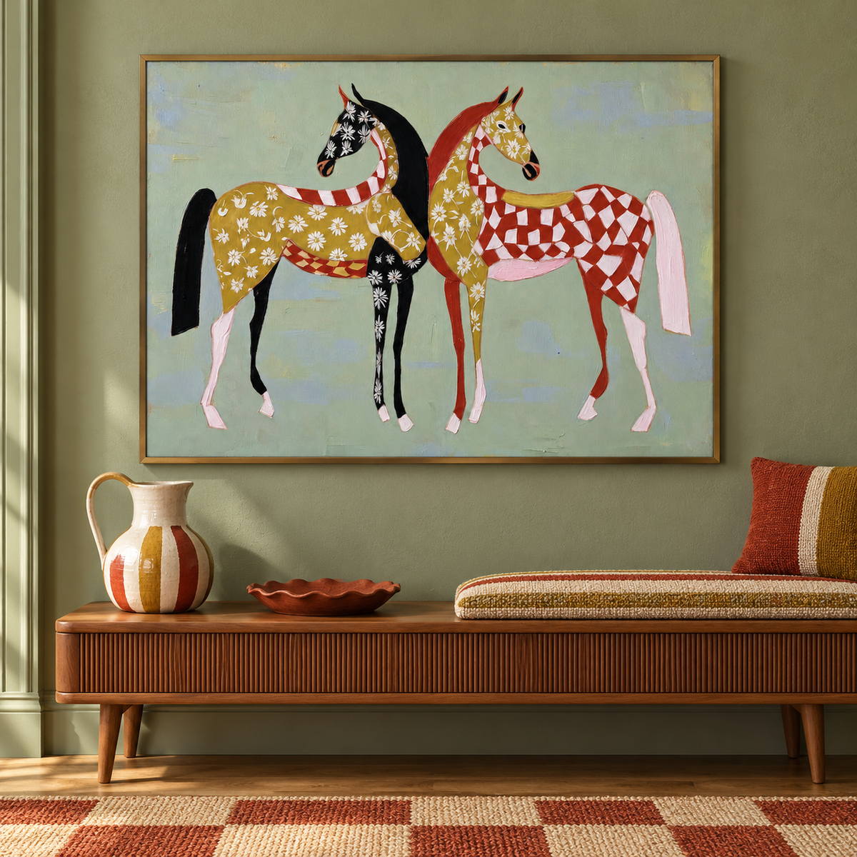 Two stylized horses stand close together against a pale blue field. One is decorated with small cream flowers and dark patches; the other carries a red-and-cream checker pattern with gold accents., in an entryway.