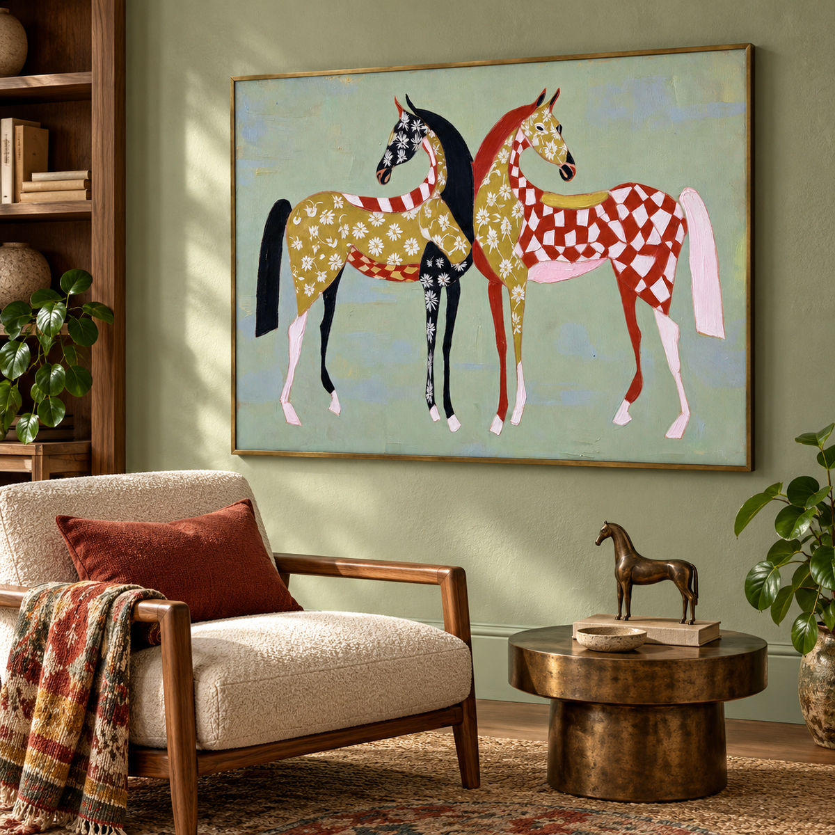Two stylized horses stand close together against a pale blue field. One is decorated with small cream flowers and dark patches; the other carries a red-and-cream checker pattern with gold accents., shown from an angle in a reading corner.