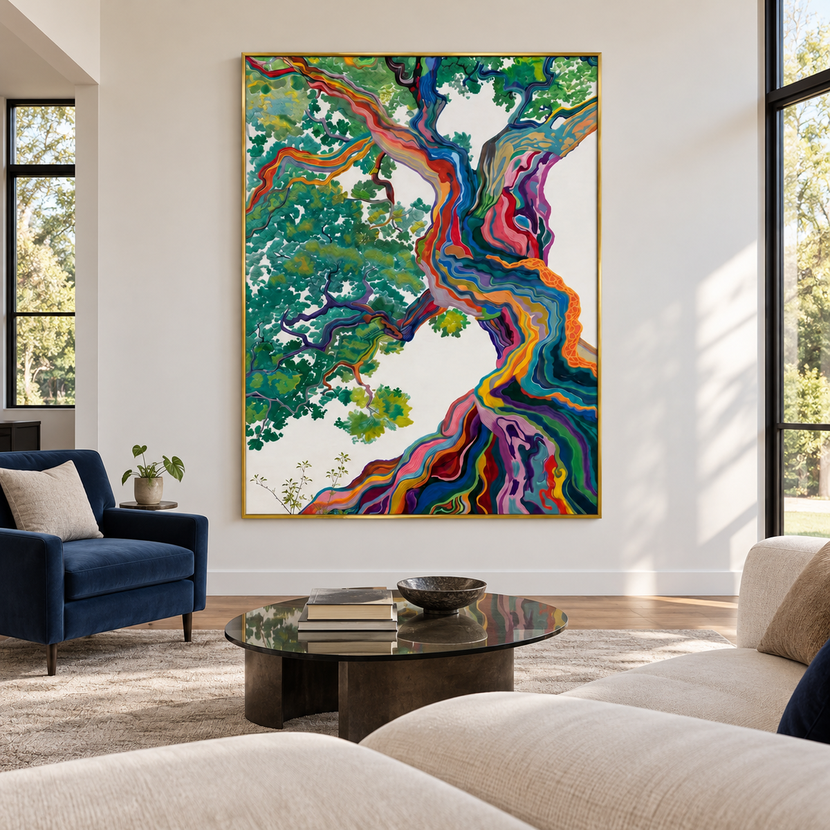 A large twisting tree with rainbow-colored bands along its trunk and roots, green foliage and an ivory background, shown in room setting 1.
