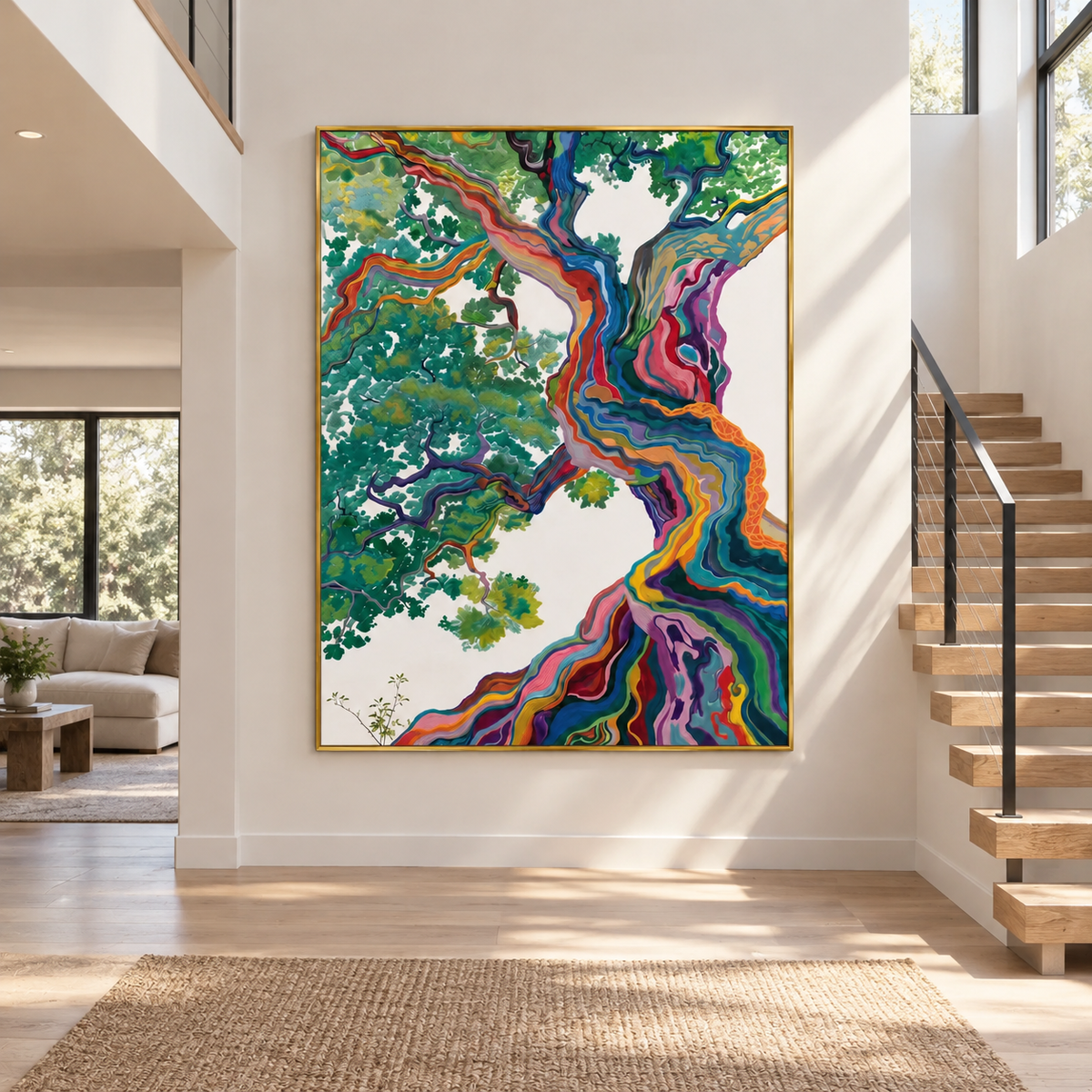 A large twisting tree with rainbow-colored bands along its trunk and roots, green foliage and an ivory background, shown in room setting 2.