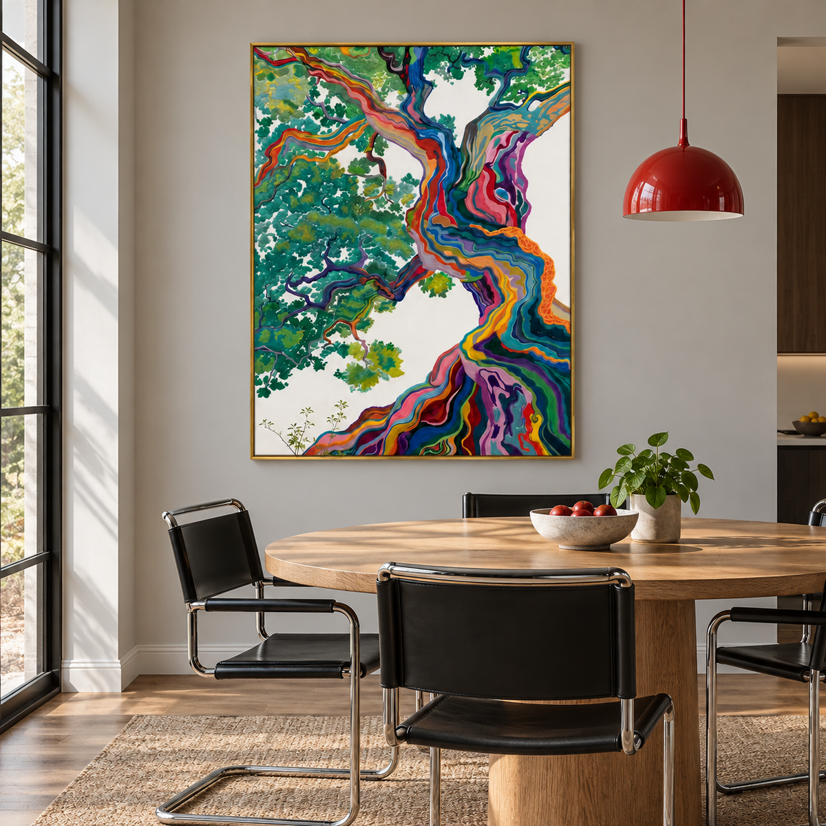 A large twisting tree with rainbow-colored bands along its trunk and roots, green foliage and an ivory background, shown in room setting 3.