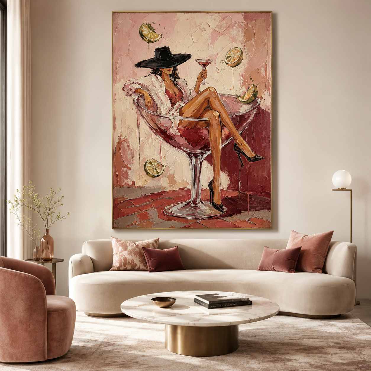 Cocktail wall art featuring woman relaxing in a martini glass